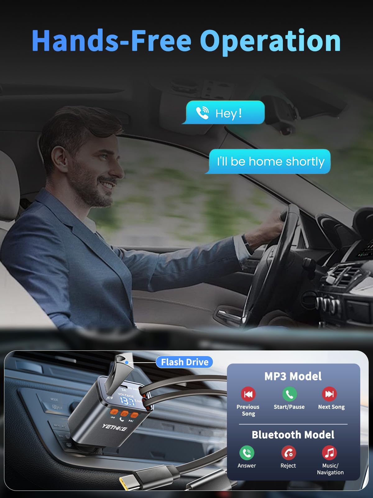 Caricatore retrattile da auto, adattatore trasmettitore FM Bluetooth 5.4, caricabatterie rapido 4 in 1 da 69 W, chiamate in vivavoce, caricatore USB per telefono auto e 2 cavi