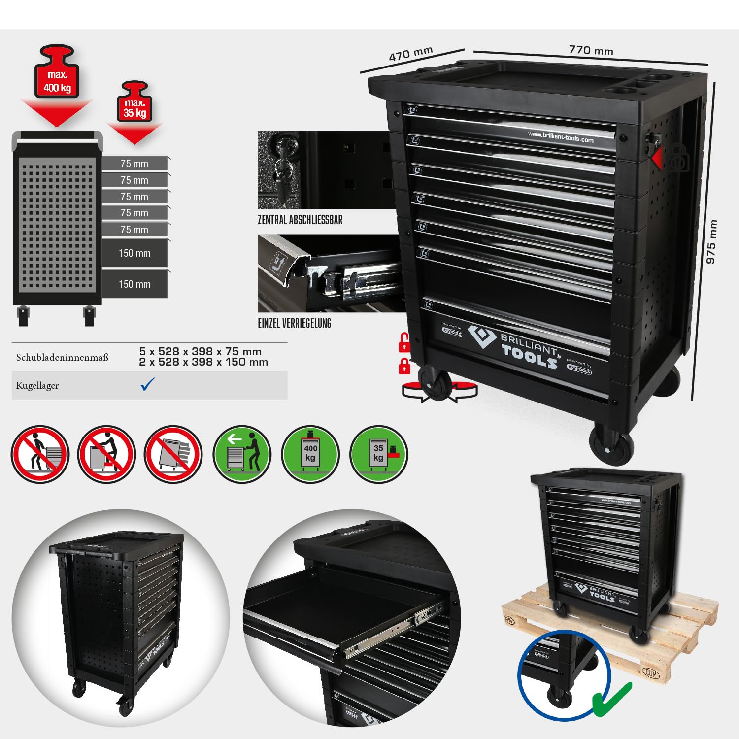 BRILLIANT TOOLS BT152900 Chariot d’atelier avec 7 tiroirs, vide [Powered by KS TOOLS]