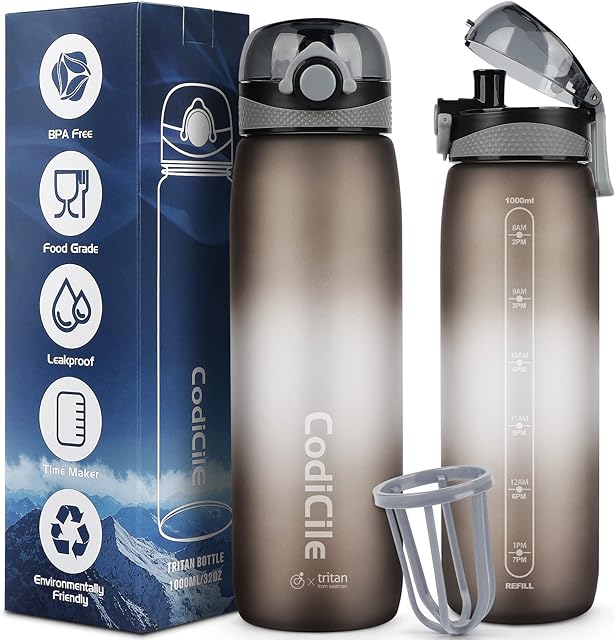 CodiCile Water Bottle 1L Tritan,BPA Free 1 Litre Water Bottle, Dishwasher Safe Sports Water Bottle, Leakproof Drinks Bottle with Time Marking and Filter for Running,Gym, School,Outdoors