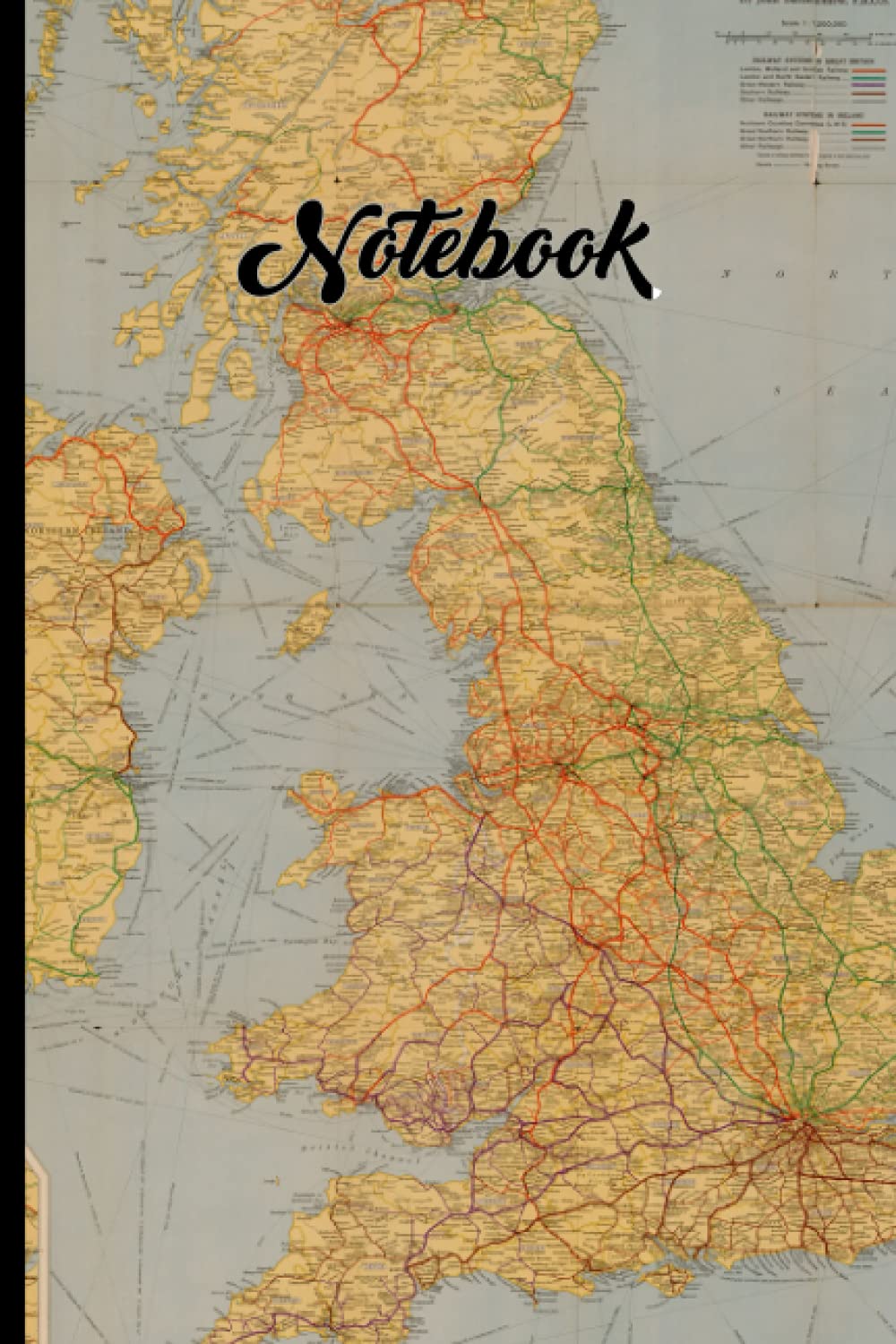 Map Notebook: Gray Vintage Map For School, 6x9'' with Blank Lined 120 Pages.