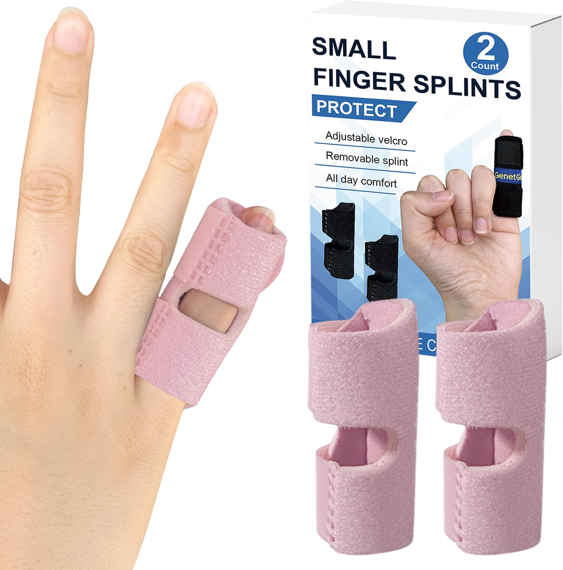 GenetGo 2 Pack Small Trigger Finger Splint - Pinkie Finger Brace for Broken Finger, Knuckle Immobilization for Arthritis Pain, Sport Injuries (Pink)
