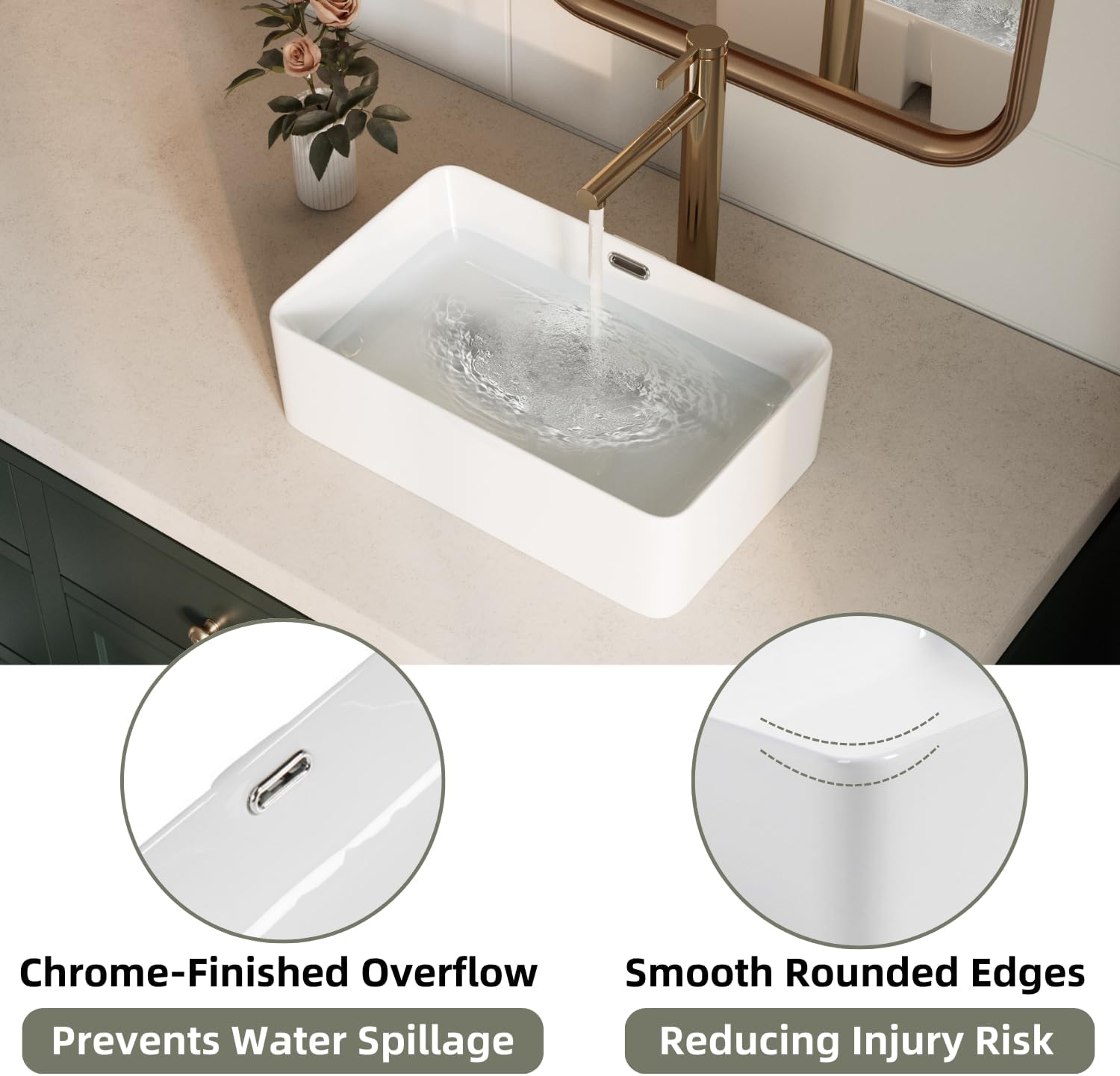 Vessel Sink 19 Inch with Overflow, Los Flexi 19"W x 12"D Rectangular White Bahtroom Sink with Thin Edge, Ceramic Above Counter Sinks, Modern Porcelain Basin