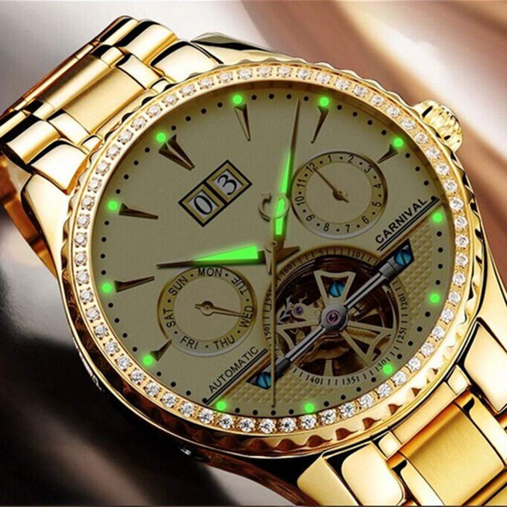MASTOP Herren-Armbanduhr, automatisch, mechanisch, Edelstahl, Diamant, leuchtend, Saphir, klassisch, schlicht, Kleid