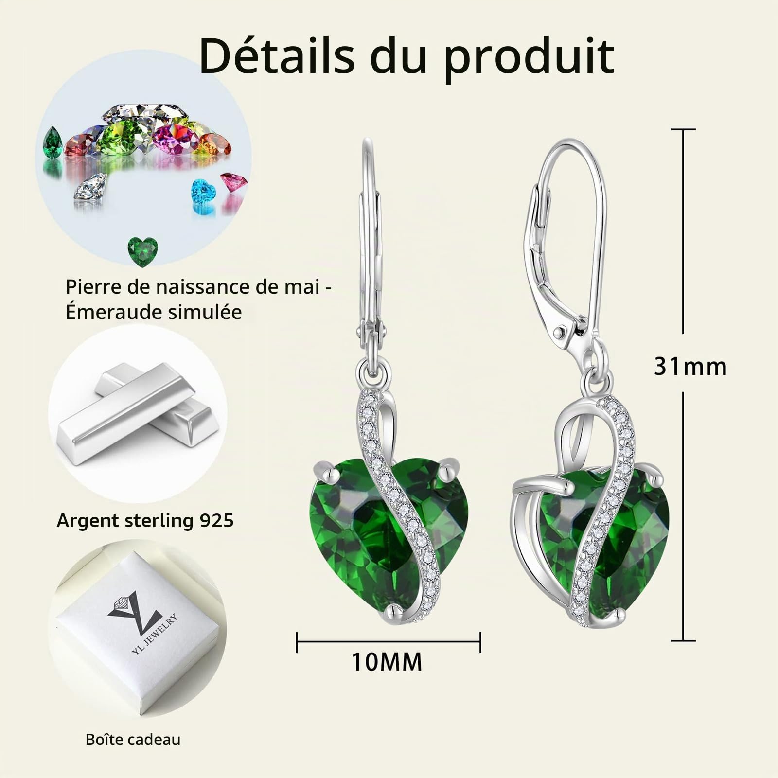 YL Boucles d'oreilles Cœur Argent 925 taillé 12 Pierres de Naissance Oxyde de Zirconium Bijoux pour Femme