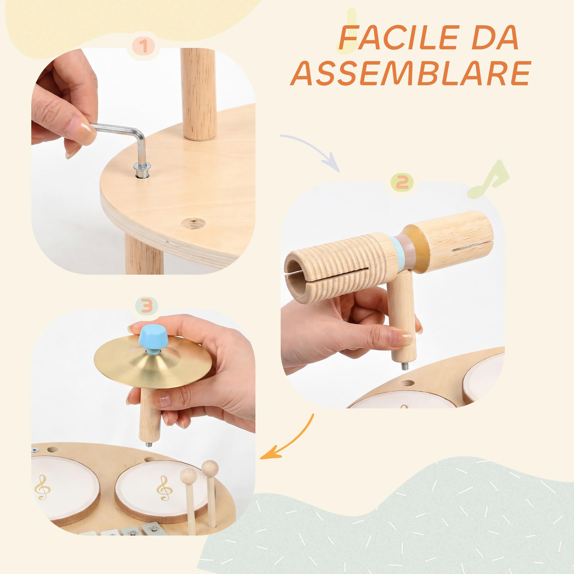 AIYAPLAY Set Musicale per Bambini, Strumenti in Legno e Metallo con Tamburi e Xilofono per Età 2+ Anni, Regali Musicali per Bambini e Bambine, Colore Legno Naturale