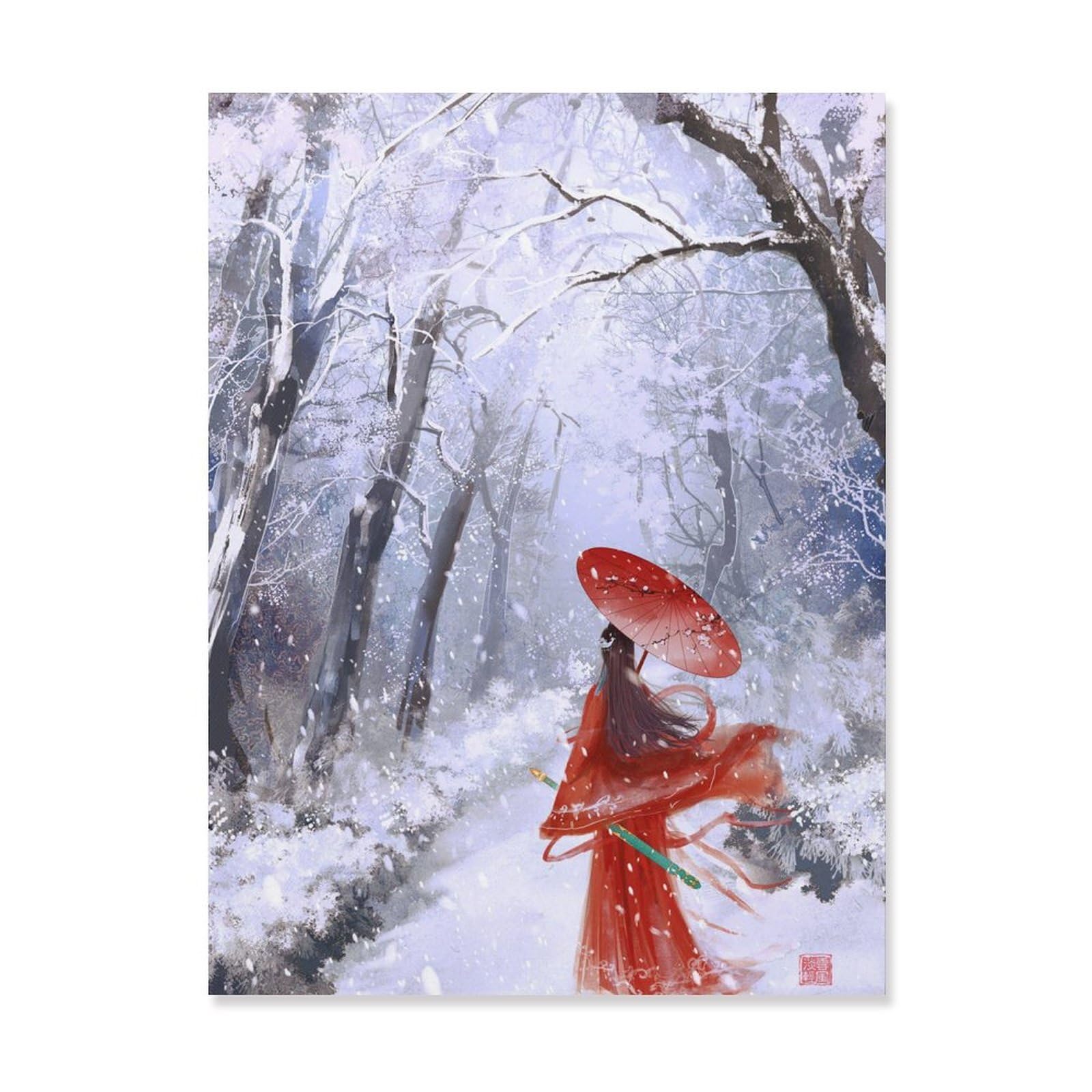 Amazon.co.jp: 絵画 雪の中の赤い傘の女の子インテリア 絵画 魅力的な