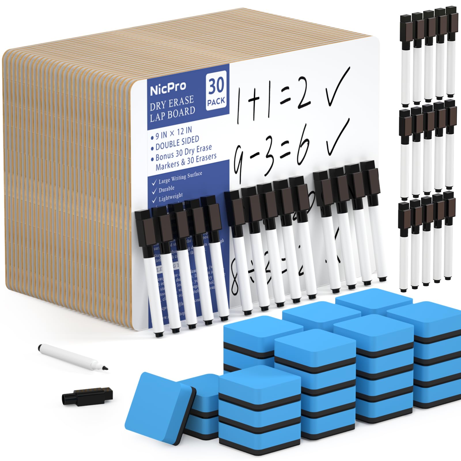 Nicpro 30 Pack Dry Erase Mini Whiteboard A4, 22 x 30 cm Double Sided Lapboard Bulk with 30 Pens,30 Erasers Learning Small White Board Portable Drawing Writing for Kid Student and Classroom Use