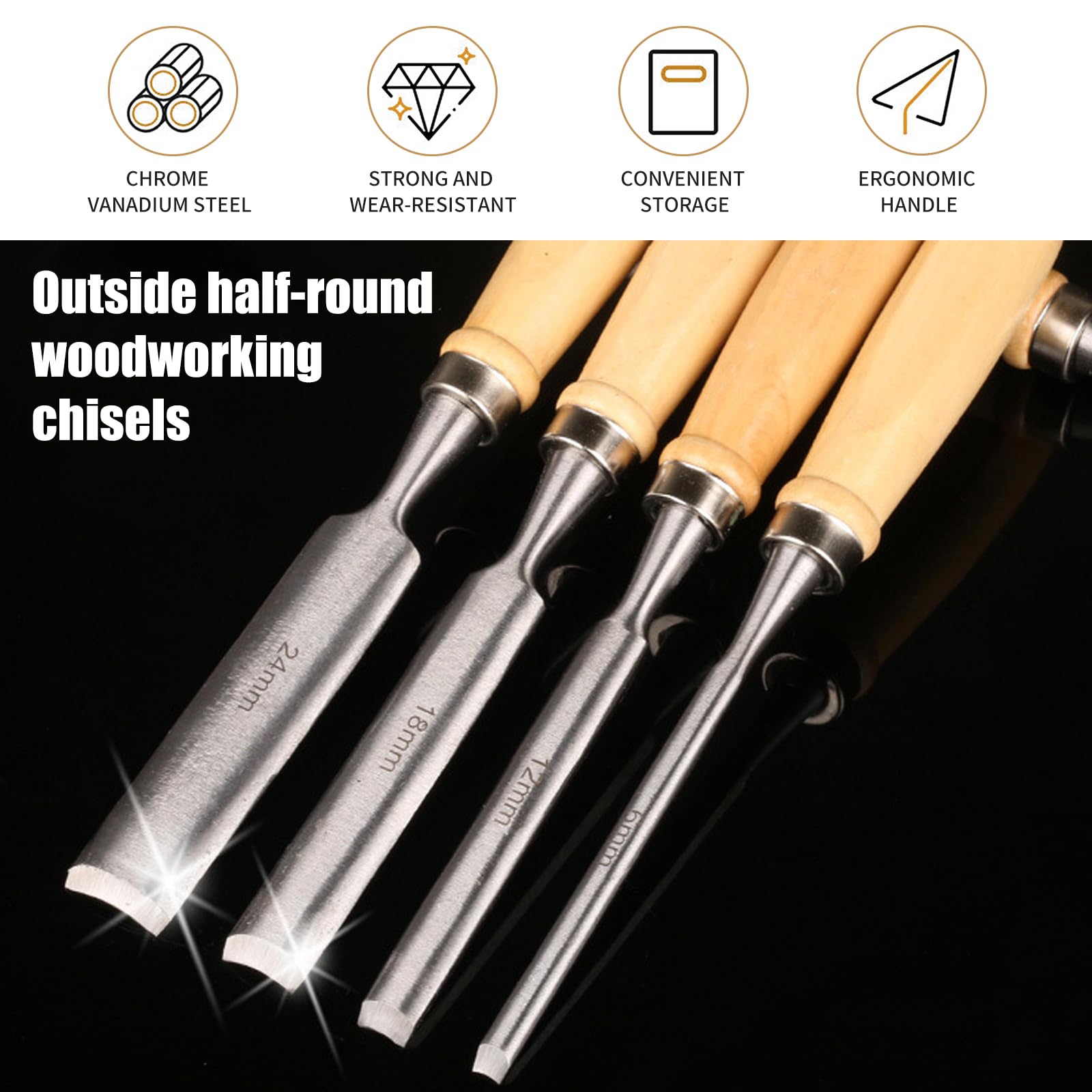 HSS 4pcs Juego De Torneado De Cincel De Torno De Madera Herramientas De Torneado,Juego de Gubias para Tallar Madera 8mm/12mm/18mm/24mm,para Principiantes y Profesionales