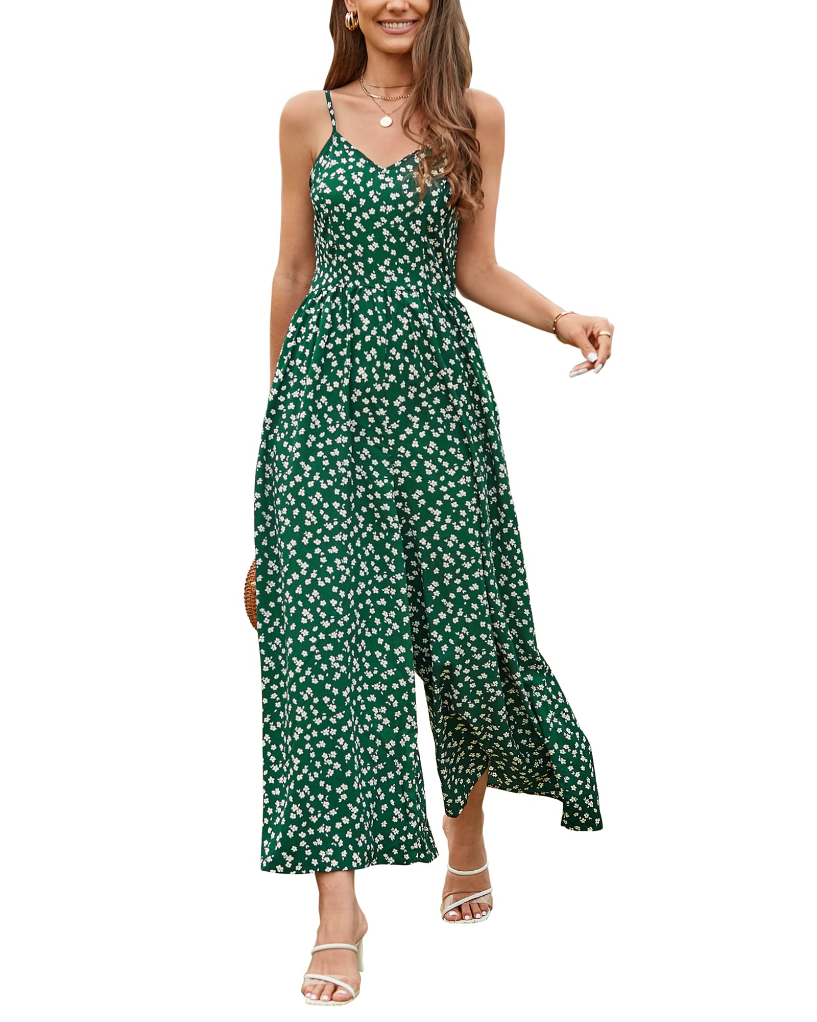LAISHEN Jumpsuit Damen Sommer Overall Elegant Festlich Hochzeit Lang Hosenanzug Weites Bein Hose Playsuit mit Taschen
