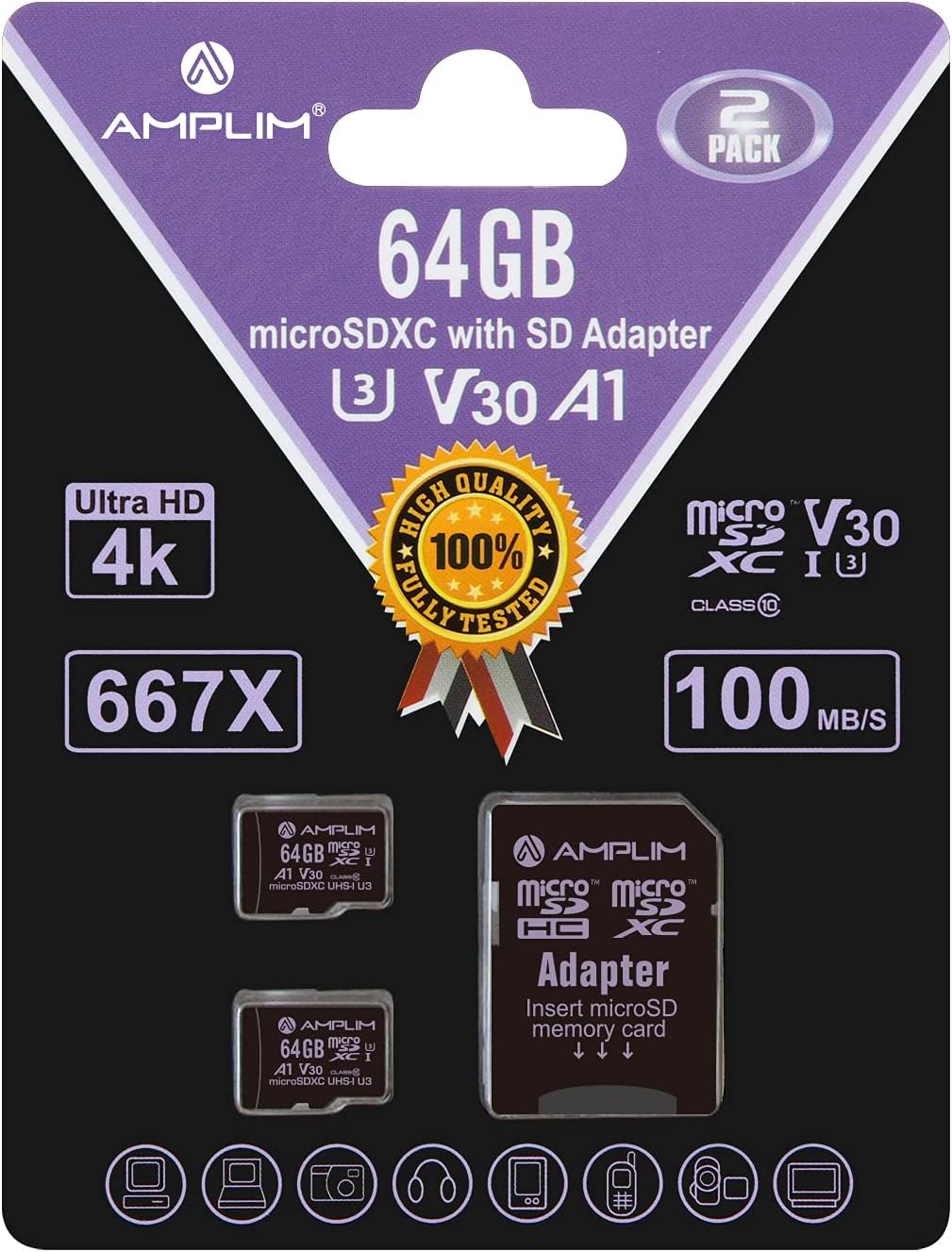 Amplim 64GB Micro SD Card, 2 Pack Extreme High Speed MicroSD Memory Plus Adapter, MicroSDXC U3 Class 10 V30 UHS-I Nintendo-Switch, Go Pro Hero, Surface, Phone Galaxy, Camera Security Cam, Tablet, PC