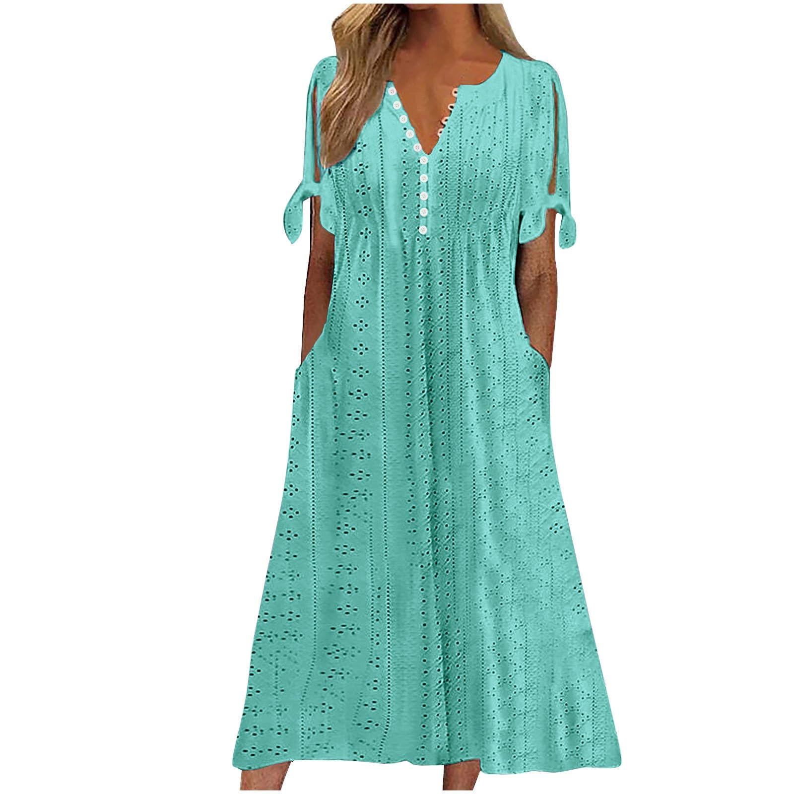 AMhomely Summer Dresses for Women UK Plus Size-Eyelet Maxi Dress,Button V Neck Long Dresses with Pocket,Solid Casual A-line Sundress,Beach Smocked Cover Ups,Holiday Vacation B Sky Blue L