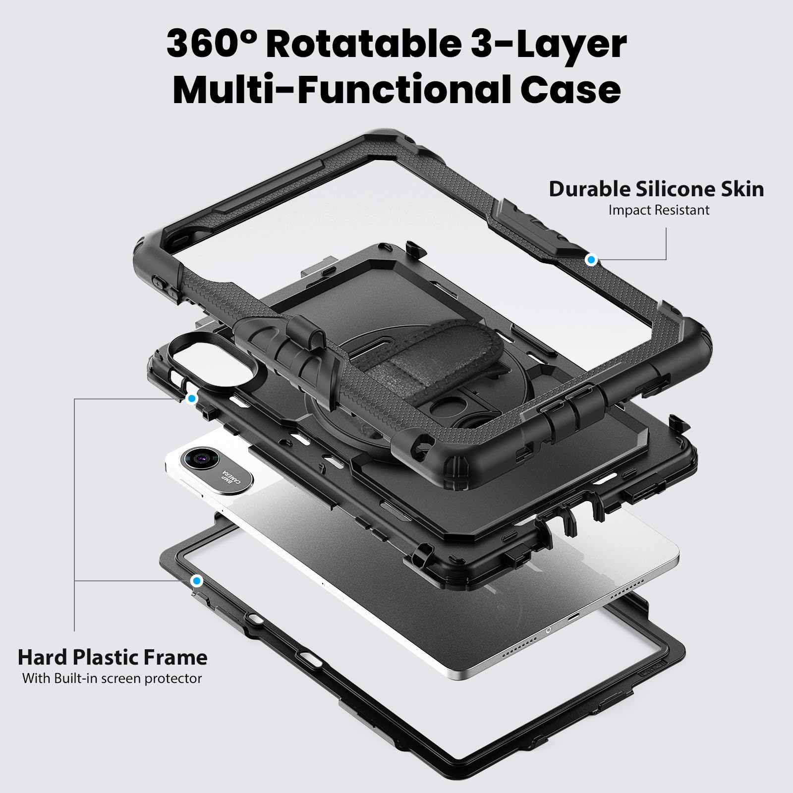 zenrich Coque Antichoc pour Xiaomi Redmi Pad 2 (11 Pouces) 2025, Étui de Protection Robuste avec Protecteur d'écran, 360° Support Rotative, Dragonne, Bandoulière et Porte-Stylet pour Redmi Pad 2–Noir