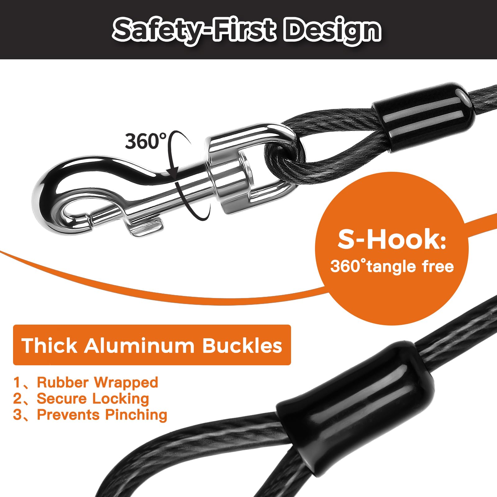 Chew Proof Dog Leash Extender, 2FT 5mm Metal Lead Extension, 360° Tangle-Free for Walking & Training Puppies, Fits Small/Medium/Large Dogs, Collar & Harness Compatible (Black/Orange/Blue) — view 5