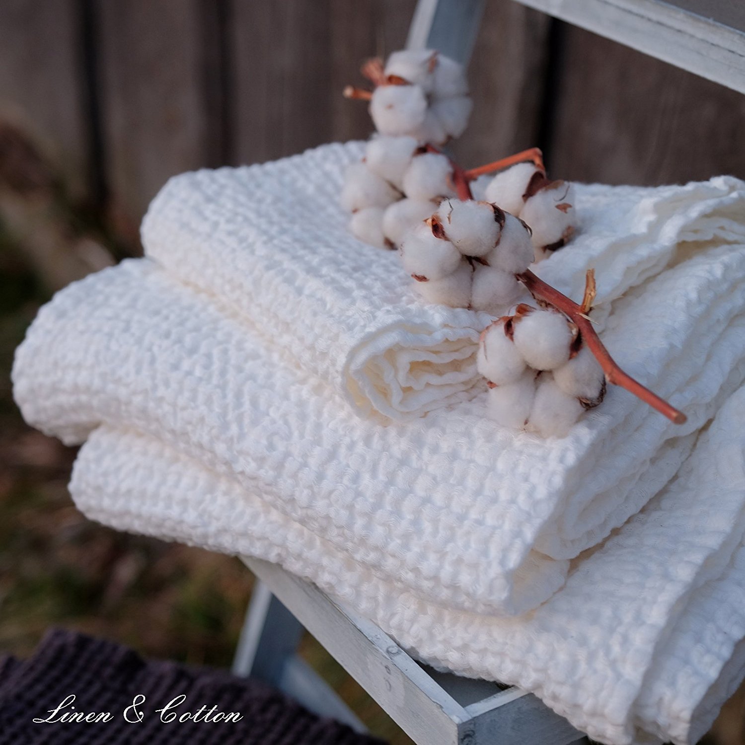 LINEN & COTTON, Doccia Asciugamano Alva in Bianco, 58% Biancheria, 42% Cotone - 110 x 150cm