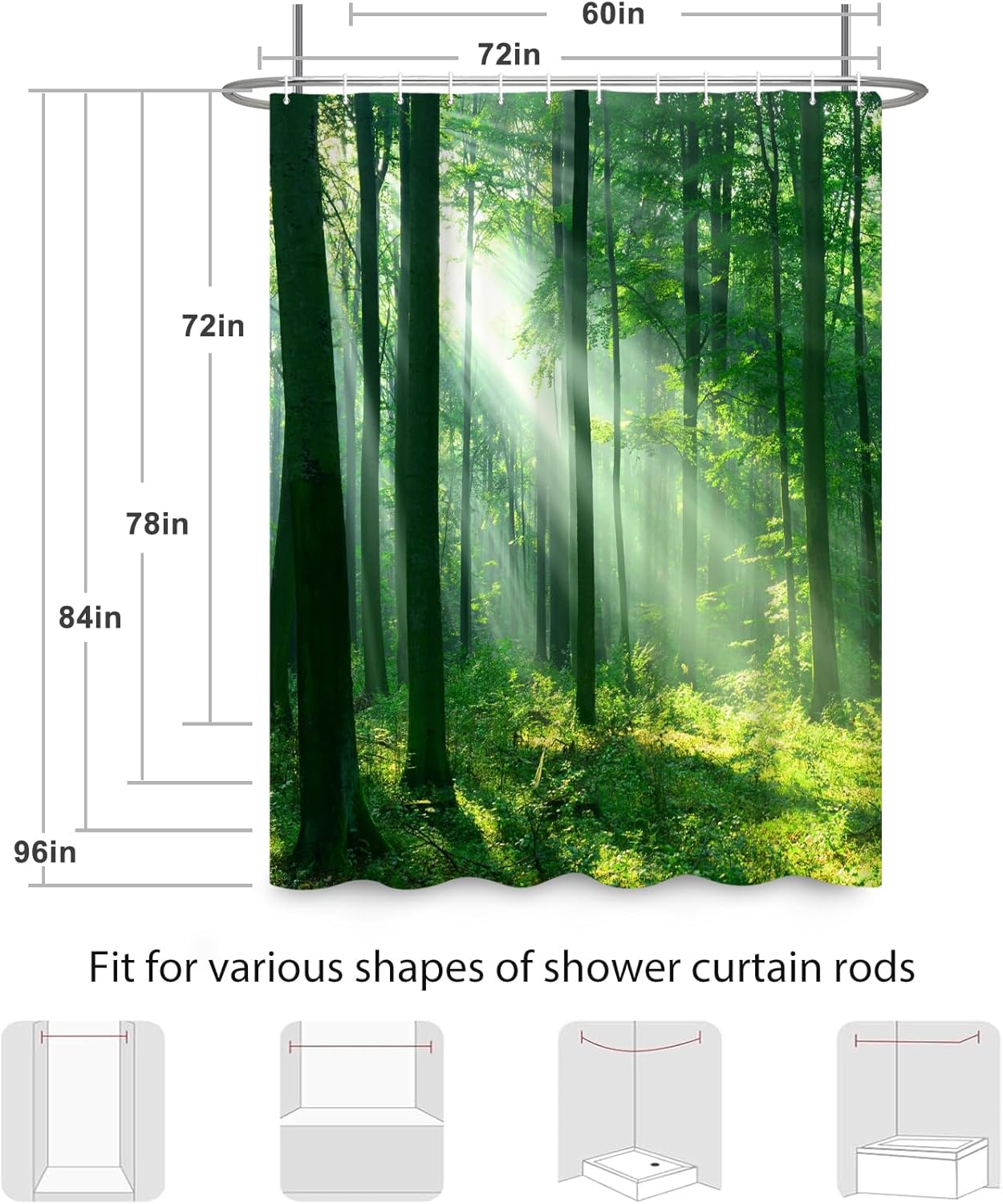 Renaiss 72x84 Inch Nature Forest Sunlight Shower Curtain Green Grass Jungle Straight Tall Trees Sunshine Nature Landscape Fabric Shower Curtains for Bathroom Decor Polyester Waterproof with Hooks