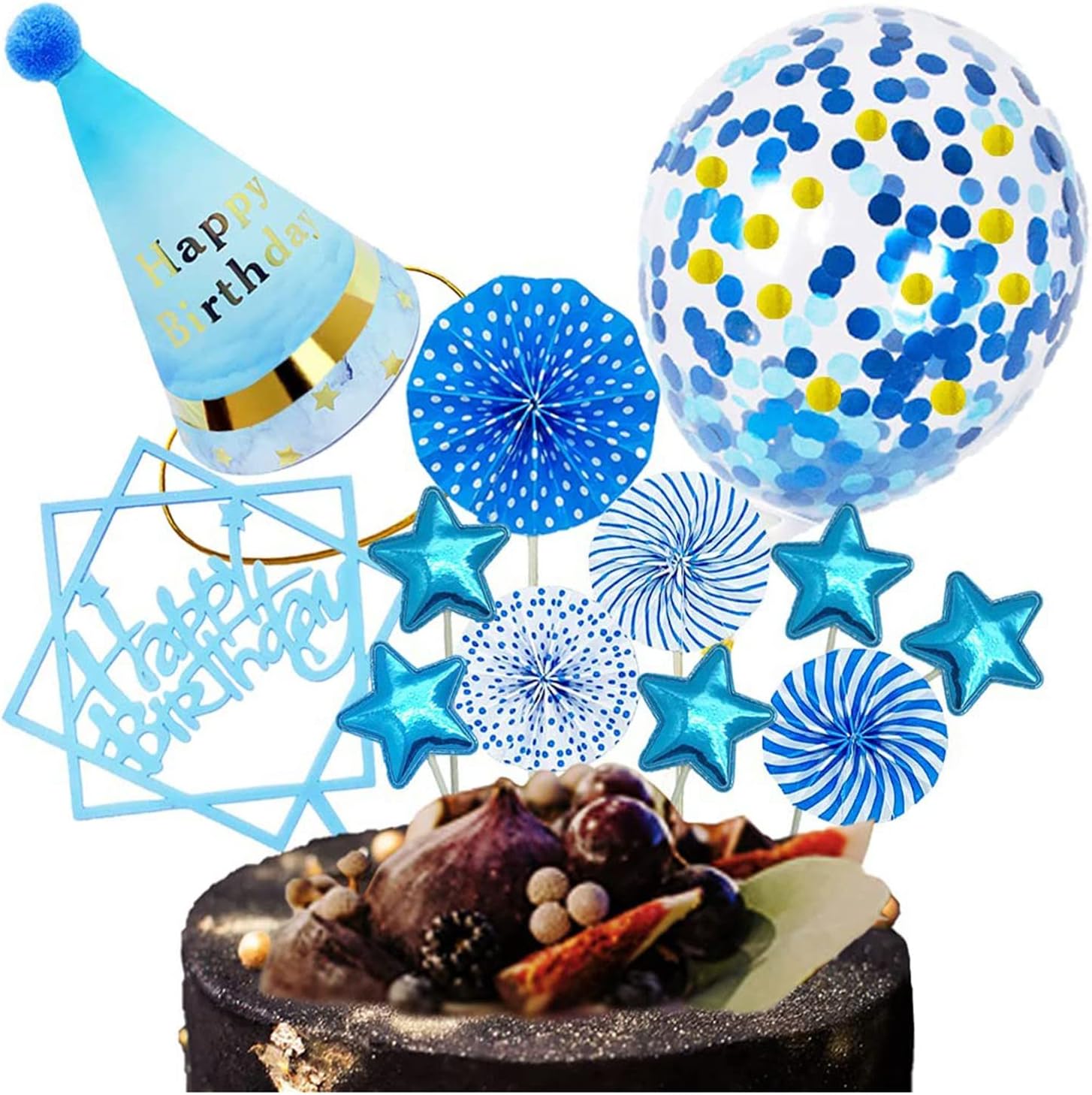 Happy Birthday Cake Topper Decoration with Happy Birthday Banner Candles Confetti Balloon Paper Fans for Theme Party Decor Girl Women Birthday Party Baby Shower, Blue