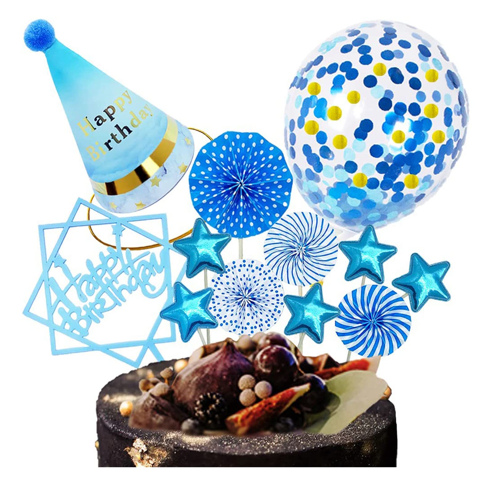 Happy Birthday Cake Topper Decoration with Happy Birthday Banner Candles Confetti Balloon Paper Fans for Theme Party Decor Girl Women Birthday Party Baby Shower, Blue