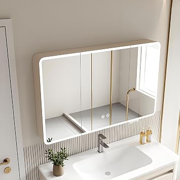 Illuminated LED Bathroom Mirror Cabinet Smart Makeup Vanity with HD Reflection Defogging Medicine Cabinet Stylish Beige Design 70x13x70cm