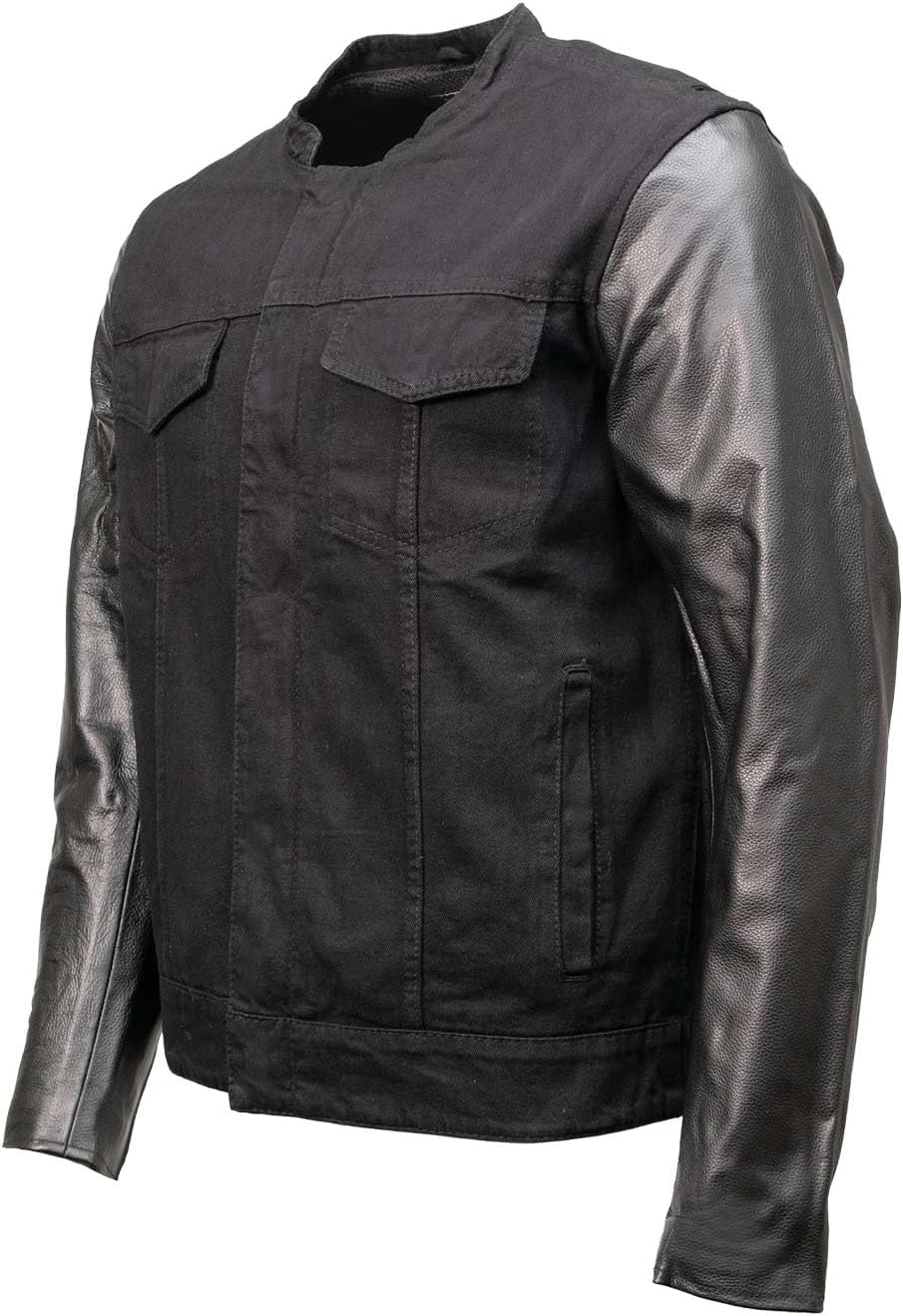Milwaukee Leather MDM1003 Men's Black Denim Motorcycle Jacket with Leather Sleeves and Patch Back