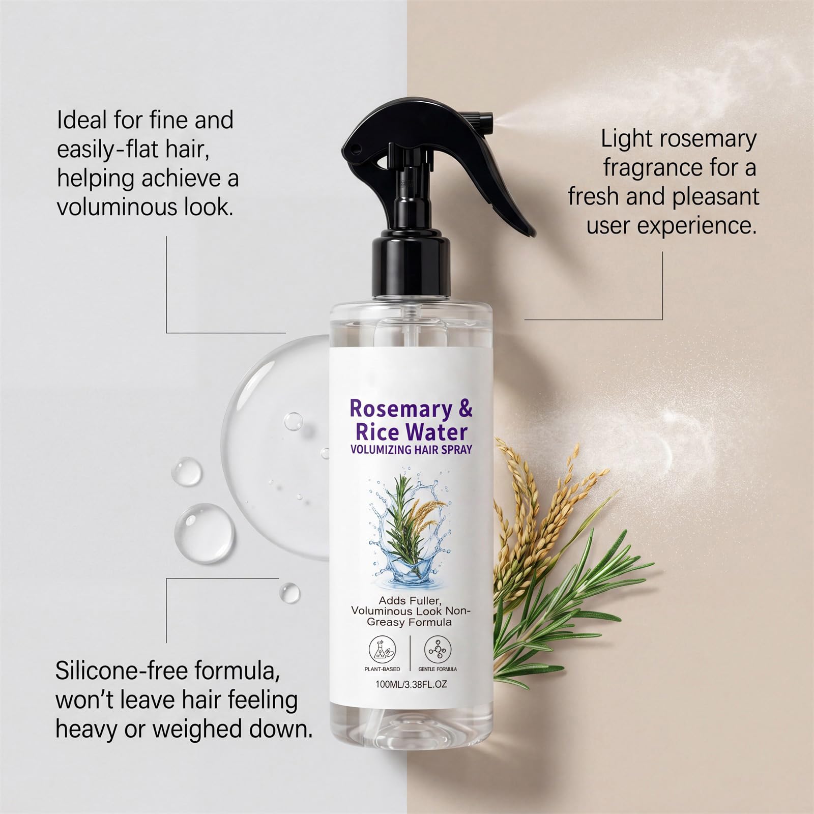 Spray do włosów z wodą z rozmarynu i ryżu dla mężczyzn i kobiet (5 szt.) | Odżywczy spray do pielęgnacji włosów bez spłukiwania, mgiełka do wzrostu włosów do zagęszczania i objętości włosów