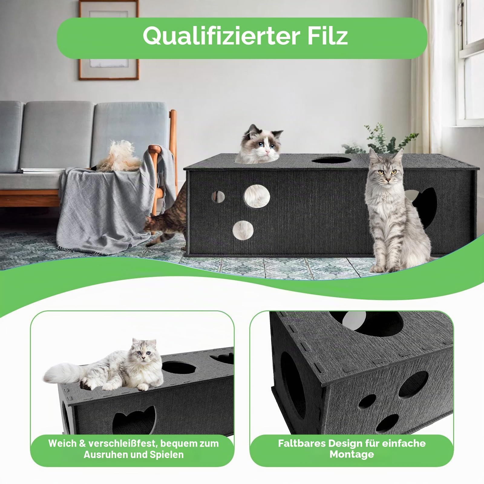Homegroove Katzentunnel für Indoor Katzen, große Filz L-Form Katzen Tunnel, interaktive Cat Tunnel, DIY Peekaboo Katze Spielzeug mit interaktiven Peek Holes für Katze (Grey, Straight)