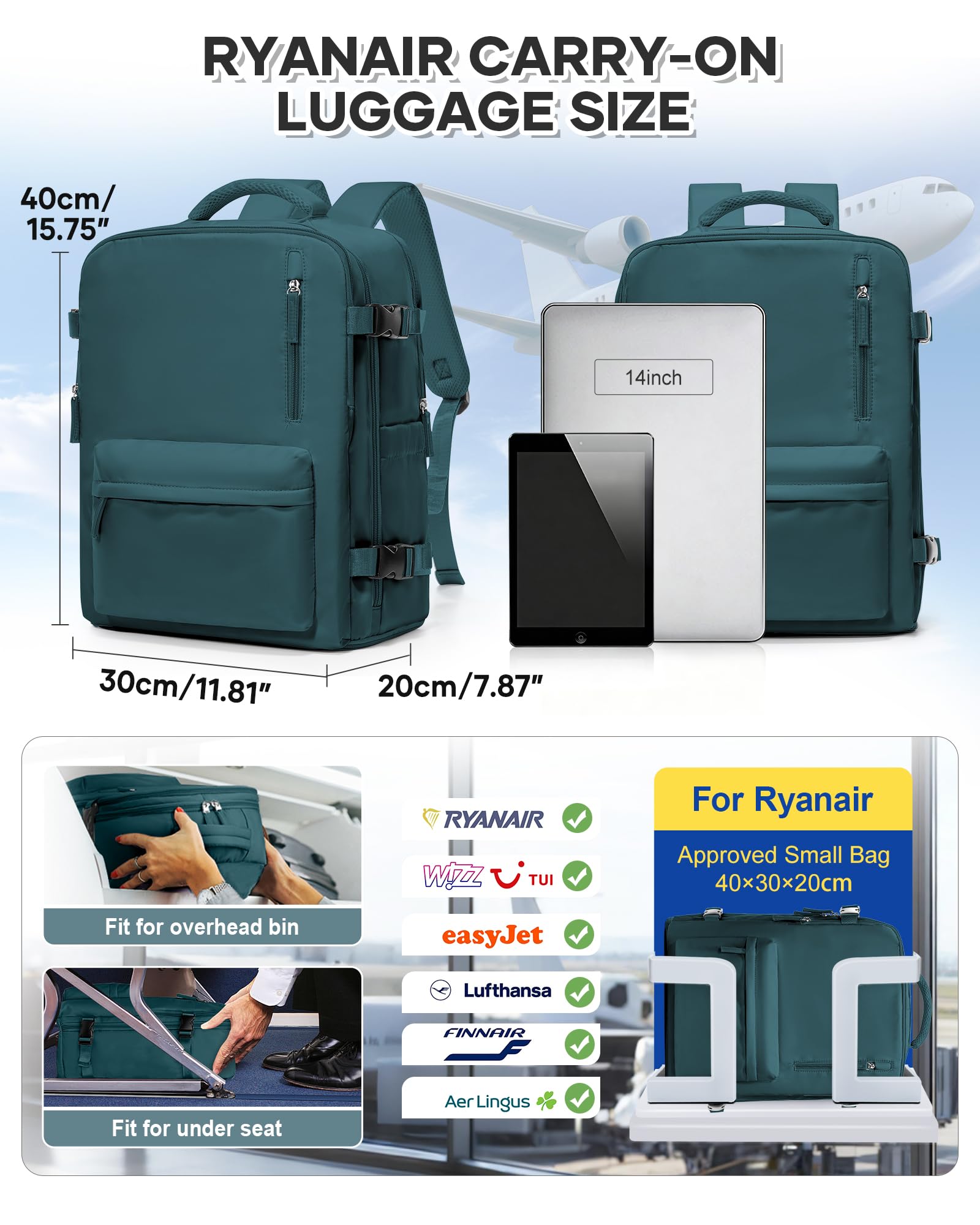 BJLFS Bagage Cabine 40x30x20 Ryanair Wizzair sous vide Femme Sac à Dos Voyage Cabine Avion 45x36x20 pour Easyjet Bagage à Main Sac à dos pour ordinateur 14 pouces Femme