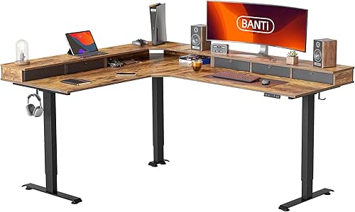 BANTI Triple Motor 75" L-Shape Standing Desk with 5 Drawers,