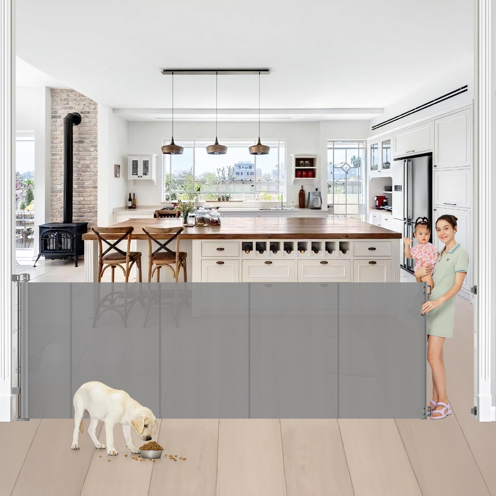 Reinforced 42” Tall x 100” Wide Retractable Baby Gates Extra Tall Dog Gate with Rods to Prevent Crawling Through, Pet Gate for Large Openings Extra Wide Mesh Baby Gate for Stairs, Gray