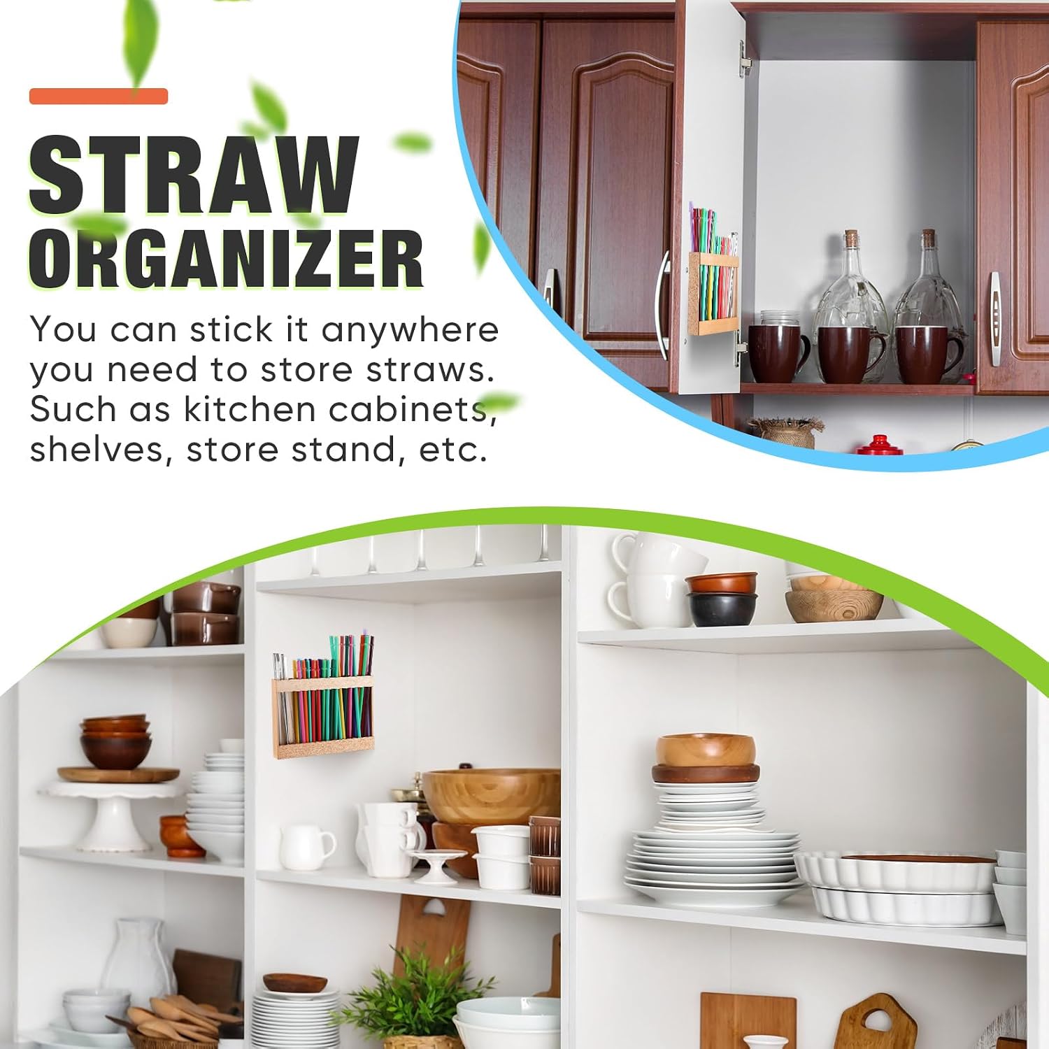 Qinyoung Wooden Straw Holder for Cabinet Door with Adhesive, Wood Color