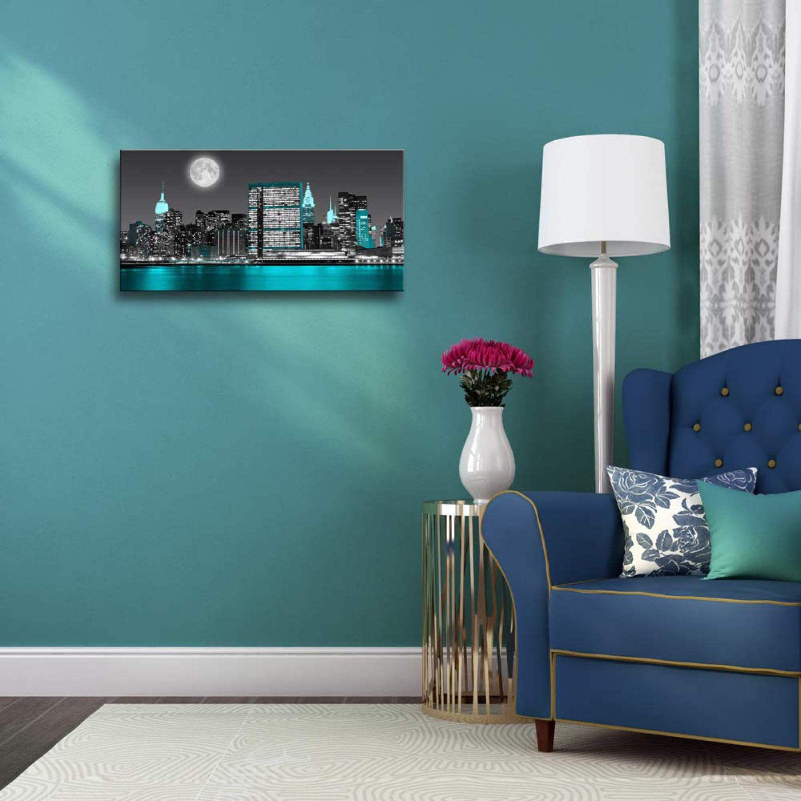 Księżyc Empire State Skyline Budynek miejski Krajobraz Obrazy panoramiczne na płótnie-Natura Plakat Sztuka Druki - Płótno Sztuka ścienna Wydruk do salonu Dekoracja 80 x 160 cm (32 x 63 cale) bez ramy