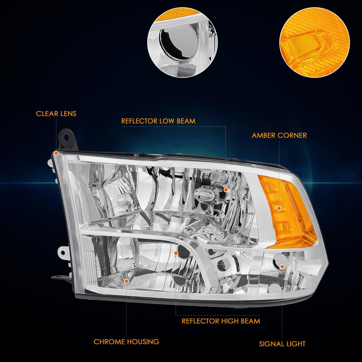 Pair Of Black Housing Clear Lens Amber Corner Headlights For 2009-2012 Dodge Ram 1500/2500/3500 - Direct Fit