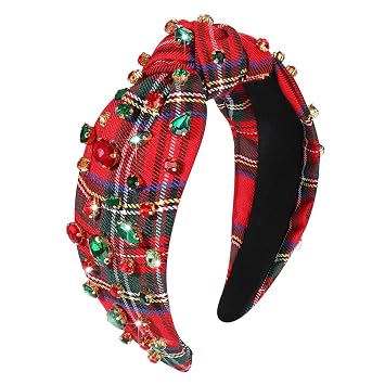 MOLOCH Christmas Headband for Women Christmas Red Plaid Knotted Headband Jeweled Crystal Xmas Head Band Xmas Decorations Gifts