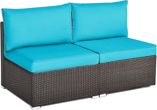 RELAX4LIFE 2-Piece Rattan Armless Sofa - Patio Wicker Sectional Conversation Sofa Set with Removable Cushions, Heavy-Duty Steel Frame, Outdoor Furniture Set for Garden, Backyard, Poolside Turquoise