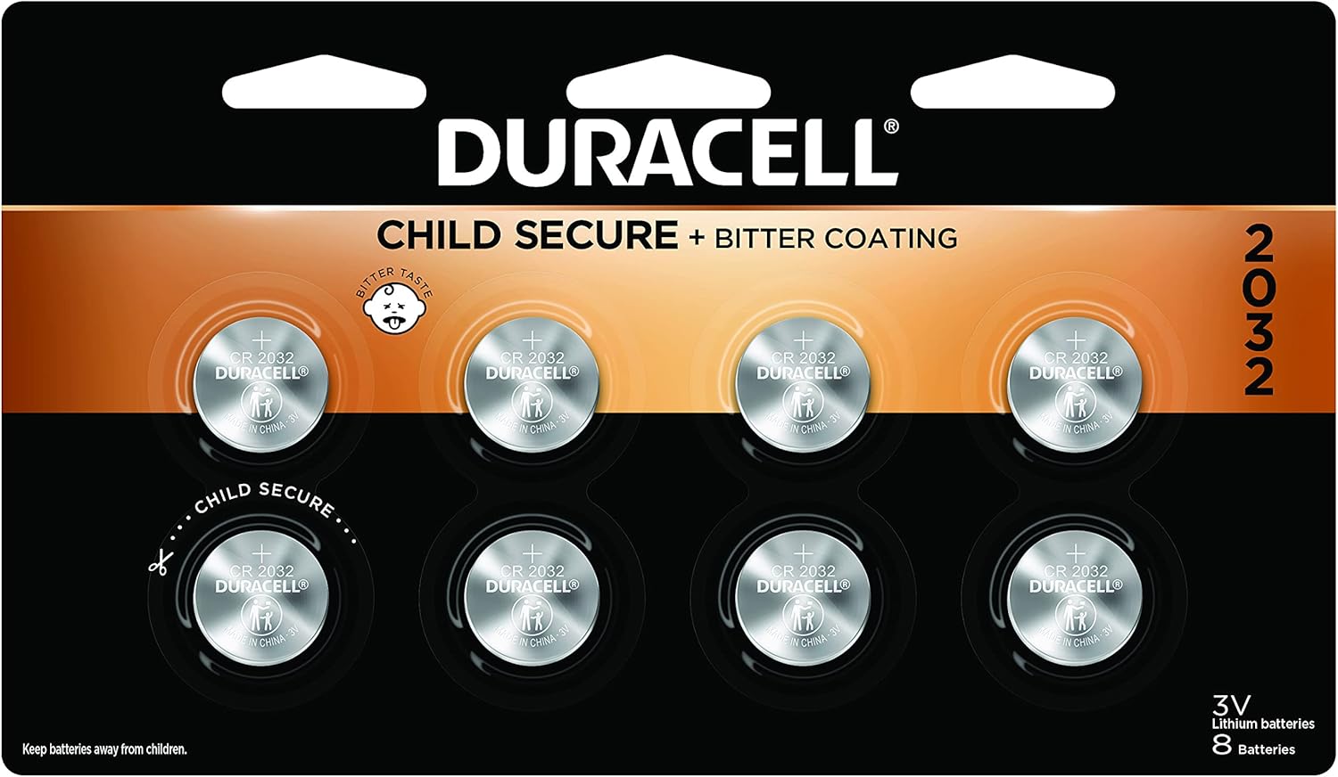 Duracell CR2032 3V Lithium Battery, Bitter Coating Discourages Swallowing, 8 Count Pack, Lithium Coin Battery for Key Fob, Car Remote, Glucose Monitor, CR Lithium 3 Volt Cell : Electronics