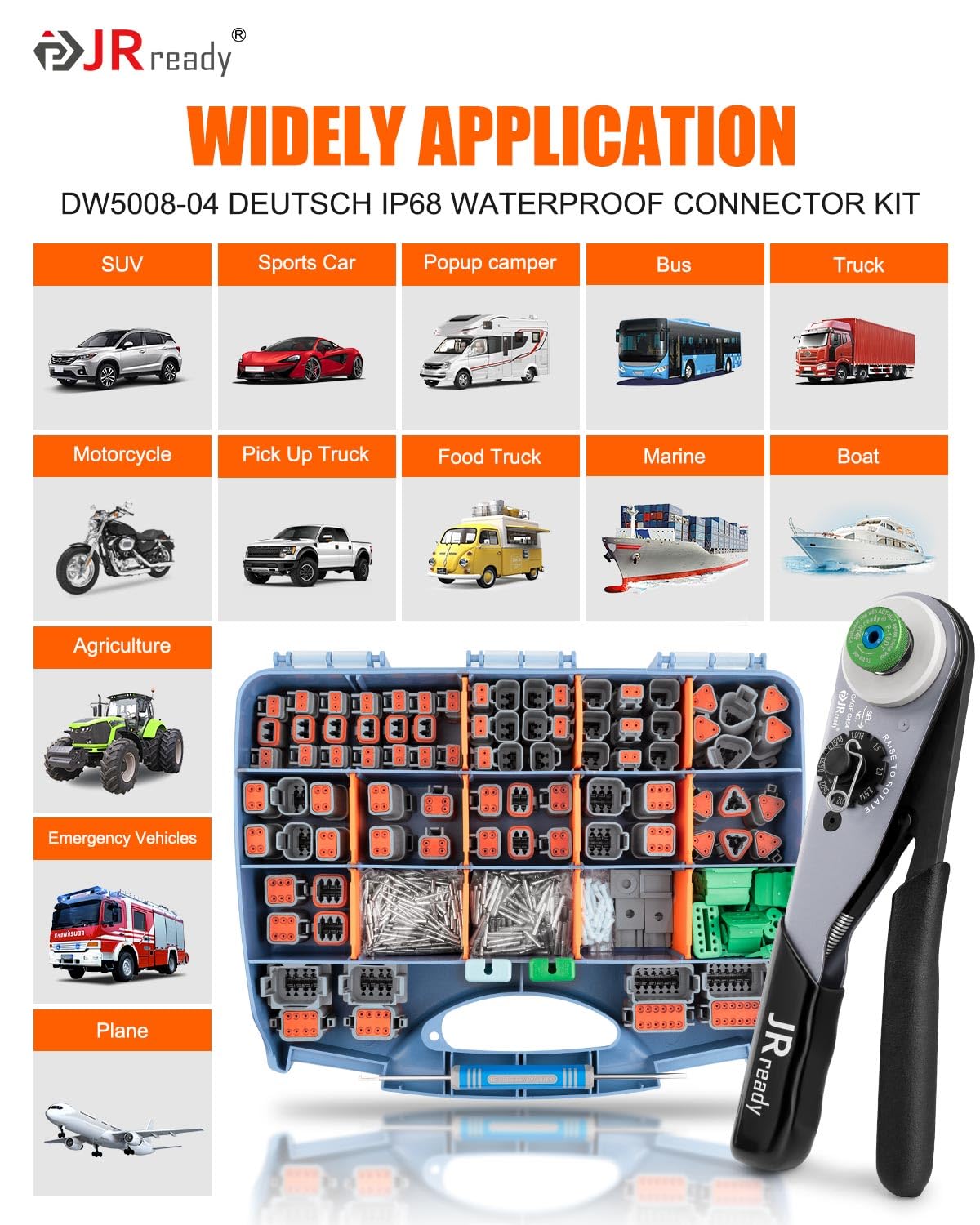 JRready Kit de conectores Deutsch, conector eléctrico impermeable IP68 de 2, 3, 4, 6, 8, 12 pines, tamaño 16, contactos sólidos 16-20AWG y herramienta de crimpado Deutsch, kit de conector DW5008 DT