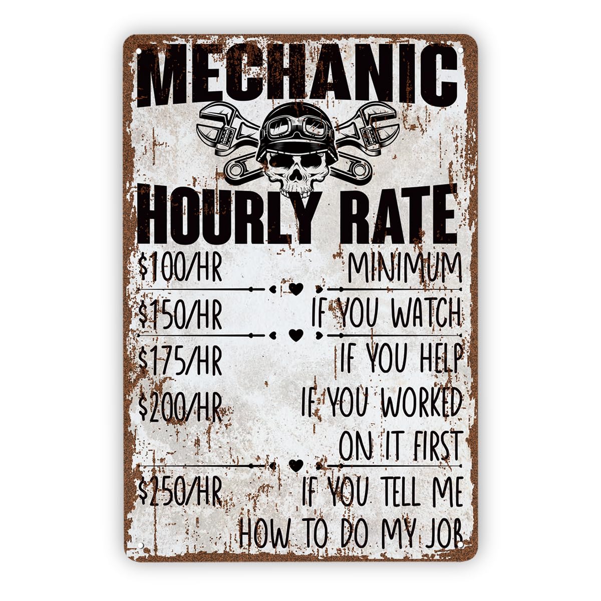 Funny Mechanic Hourly Rate Tin Sign, Man Cave Garage Decor