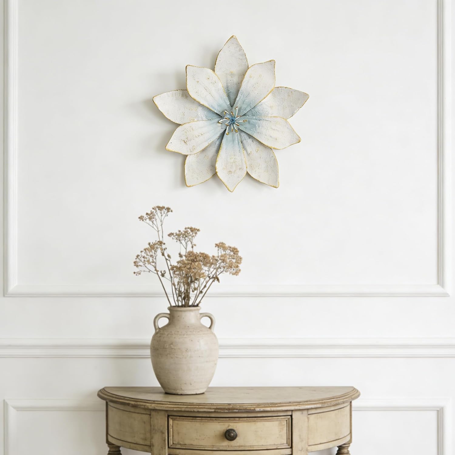 Vintage Iron Wall Flower Decor 12.2" L Distressed White & Blue Metal Flower Wall Art Rustic 3D Hanging Ornament for Indoor Outdoor Kitchen Bedroom Living Room Office Garden Patio Porch (Blue)