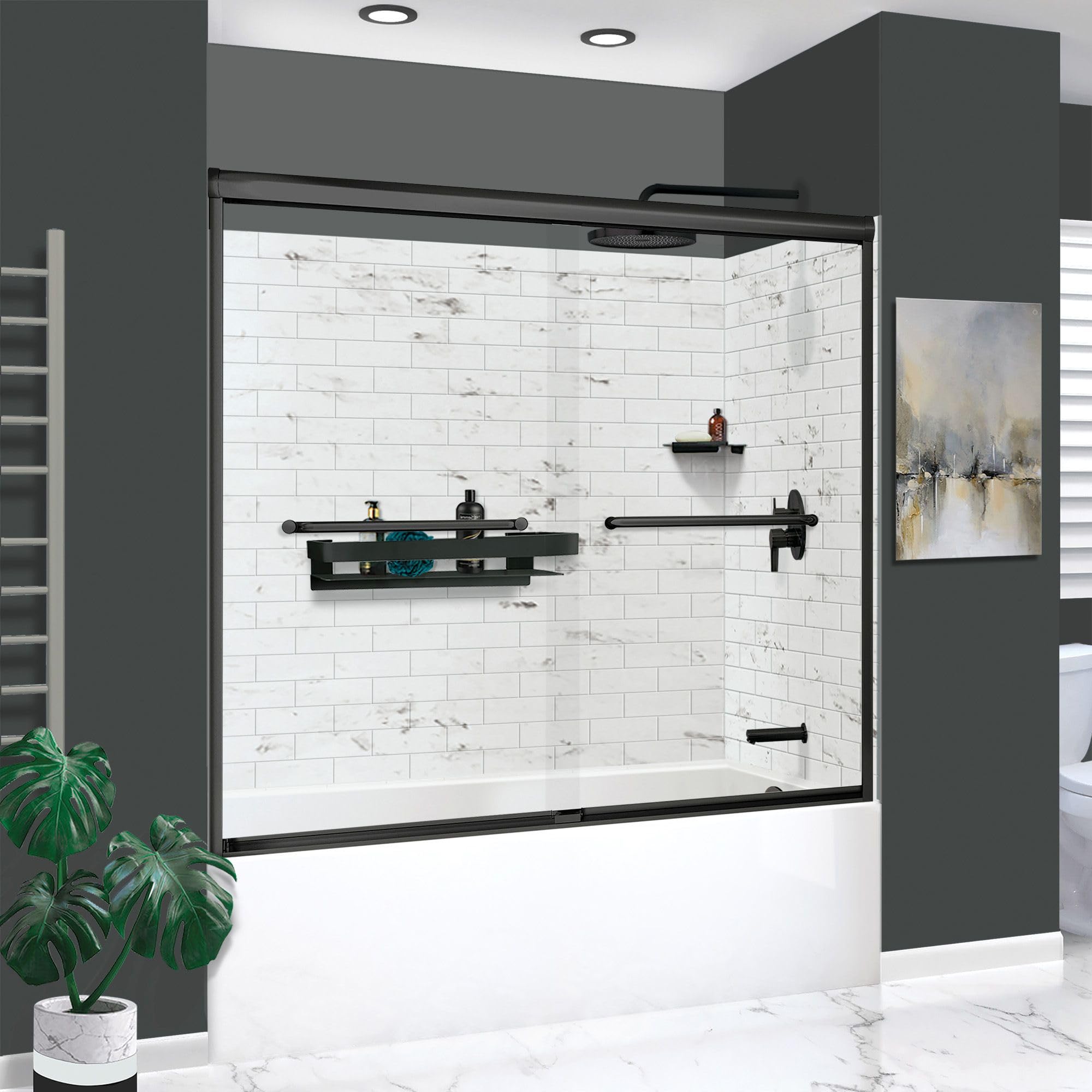 Transolid KTAFS603660R-47MB 60-in x 36-in x 80-in 7-Piece Glue-on Saramar Shower/Tub Kit with Door Faucet and Accessories, White Venito/Matte Black