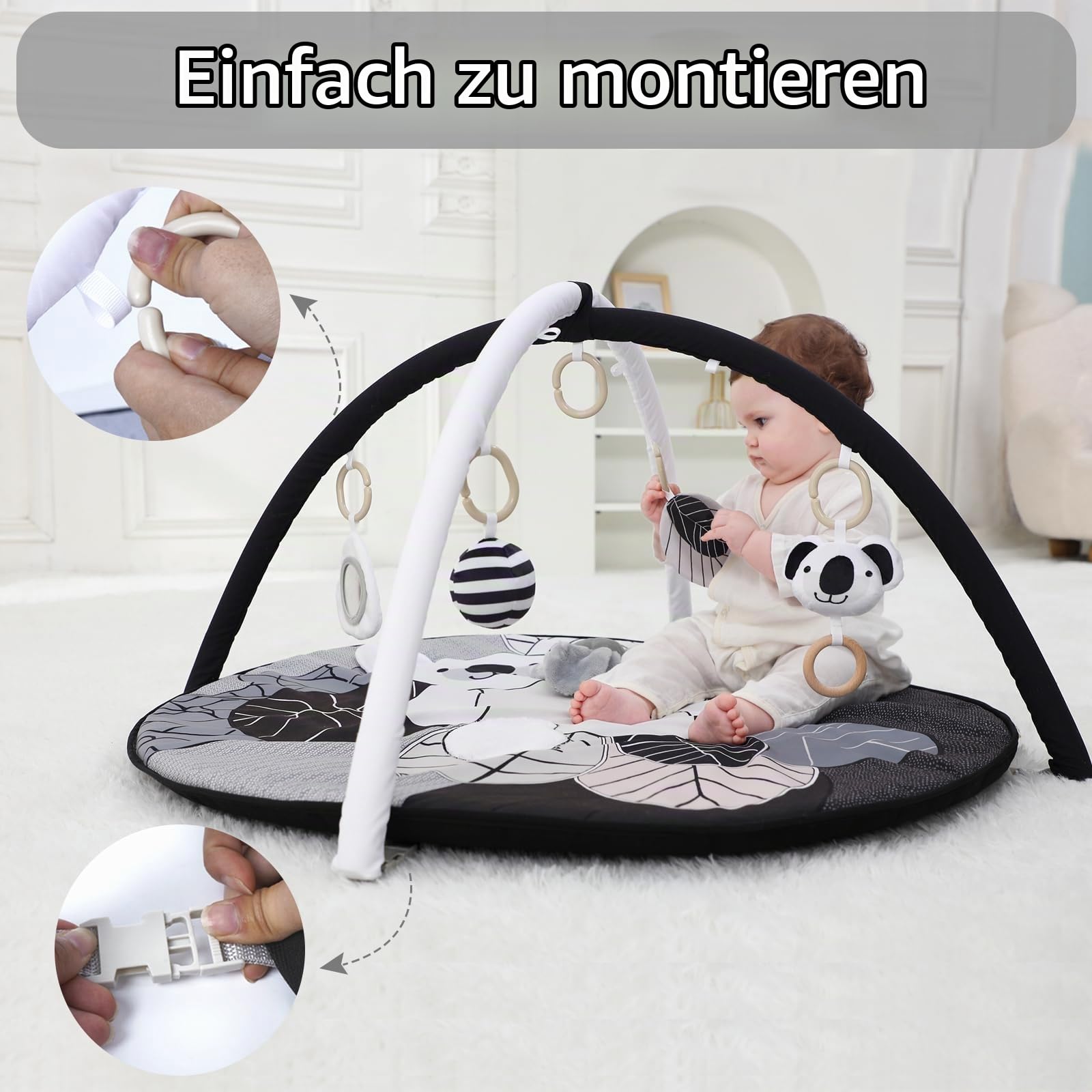 4 IN 1 Spielbogen Baby, Schwarz und weiß Spielmatte Babies mit 5 abnehmbaren Spielzeugen zum Greifen, für 0-3-6-12-36 Monaten
