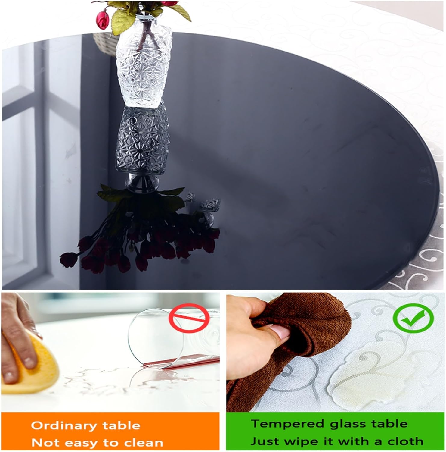 Round Table Top Black I Dining Tables 7MM Heavy Glass top I Very Nice Tempered Glass Topper 95cm/37.4in，Replacement Table Top，Beveled Polished,for Indoor Outdoor(58CM (23IN))