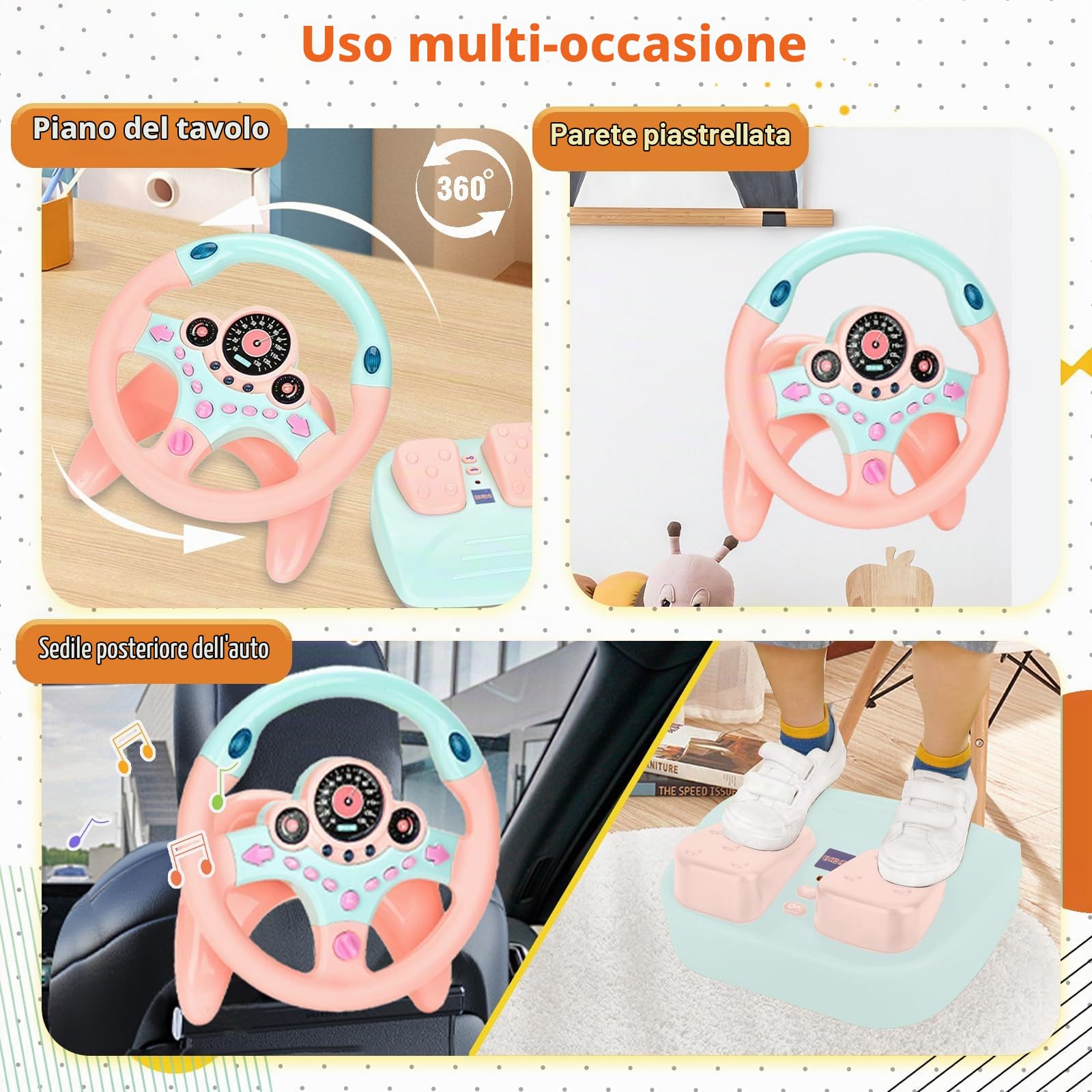 RedCrab Volante Giocattolo per Bambini con Pedale del Freno e Dell'acceleratore, Simulatore di Guida Bambini Rotazione a 360°, Volante per Bambini da Auto con Funzione Suono e Musica (Rosa)