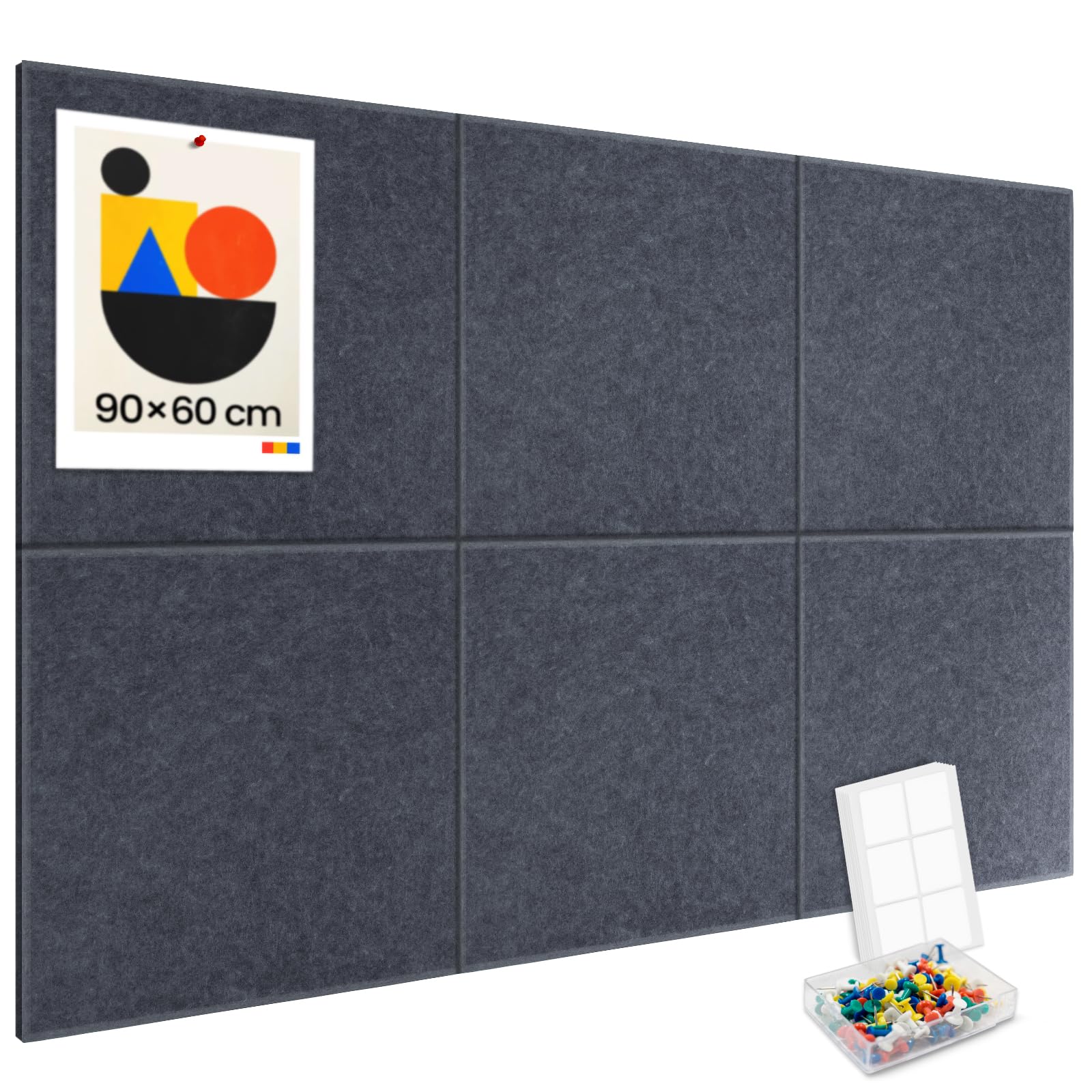 Großes Kork-Bulletin Board für Wand 90x60cm, 6 Pack Filz-Wandfliesen mit 30 Pushpins, 25 sichere abnehmbare Klebetabs, dekorative Pinnwand Tack Board für Büro Haus Schule