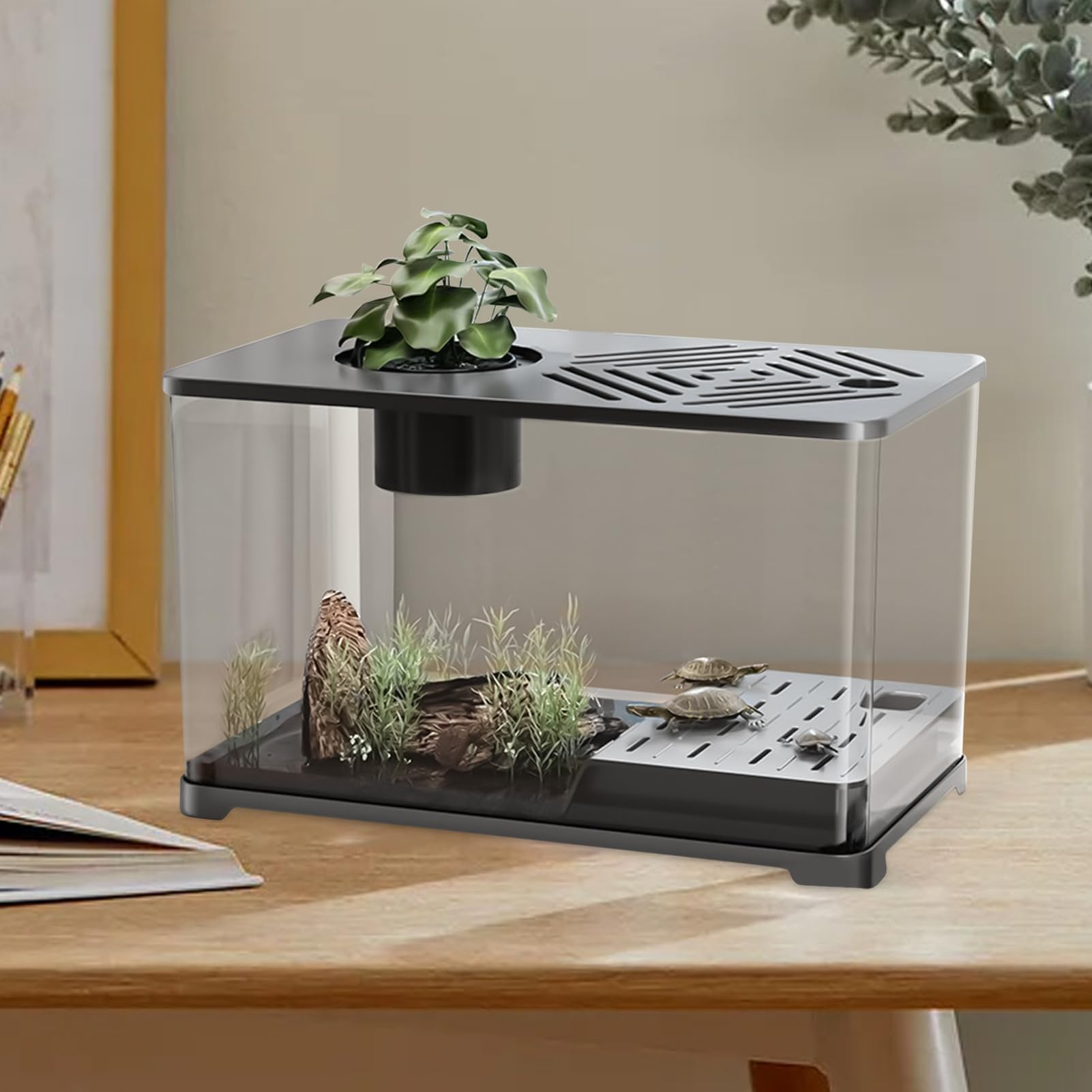 Aquarium Starter Set 39.5cm - Schreibtisch Fischtank Mit Schildkrötenbereich Weiß/Schwarz