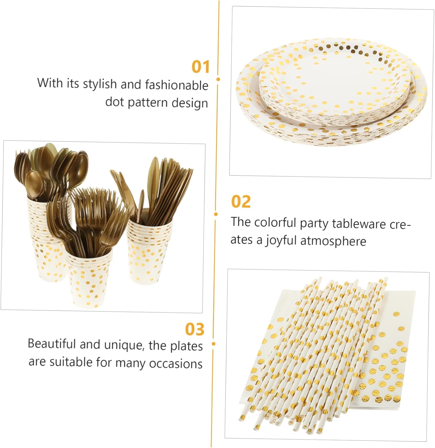 Set of Party Dot Paper Plates Cups Napkins Silverware Gold Stamping Stylish Party Tableware Perfect for Birthdays Weddings