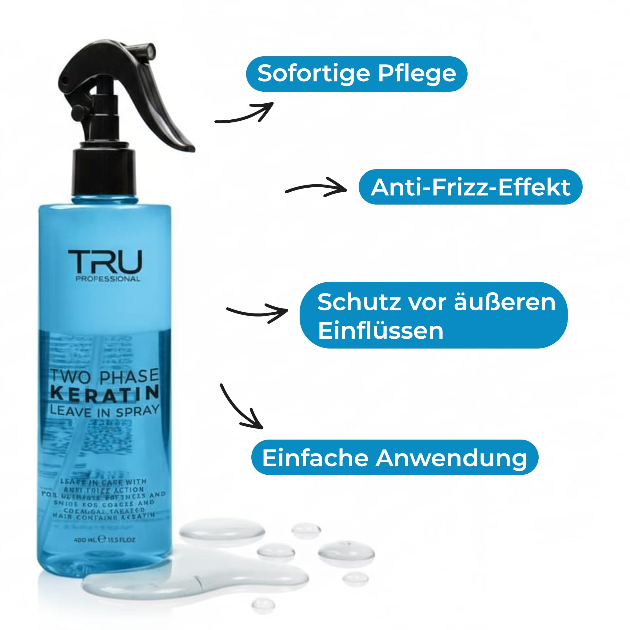 TRU Two-Phase Keratin Leave-In Spray (2er Pack) 2x 400 ml, Anti-Frizz 2-Phasen Haarpflege mit UV-Schutz