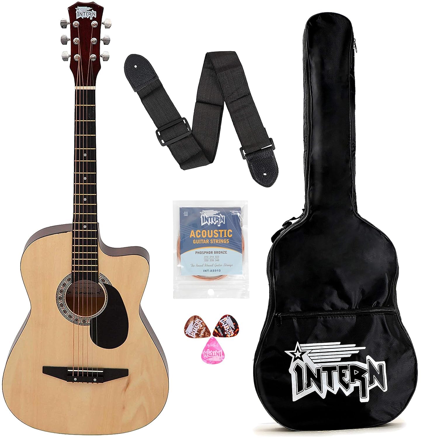 Intern 38 Inch Cutaway Acoustic Guitar Kit for Beginners, Adults & Students | Linden Wood Right-Handed 6-String Wooden Guitar with Carry Bag, Strap, Extra Strings & 3 Picks