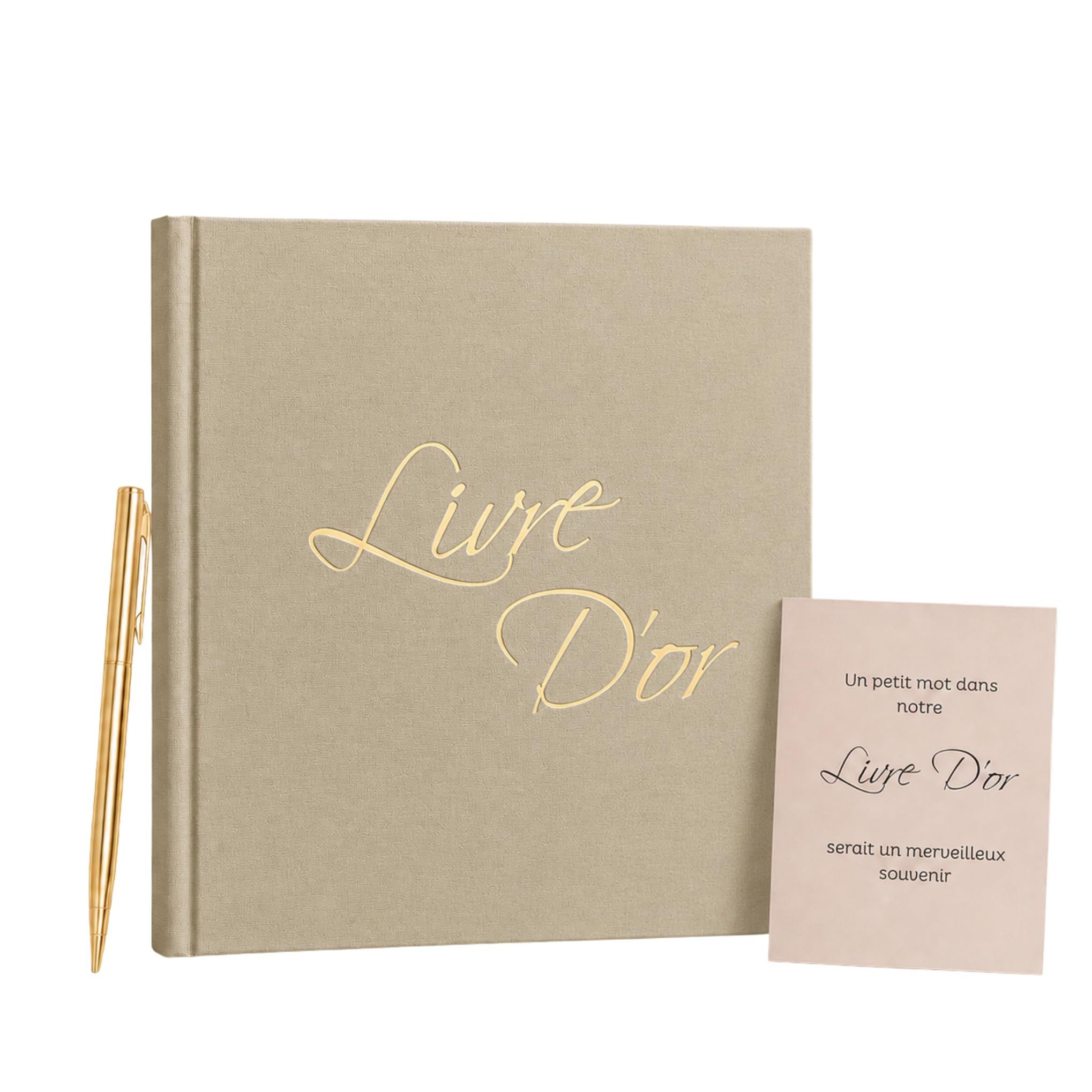 Livre d'Or Lin Beige 21x21 cm 100 Pages Blanches Stylo et Affiche Mariage Anniversaire Baptême