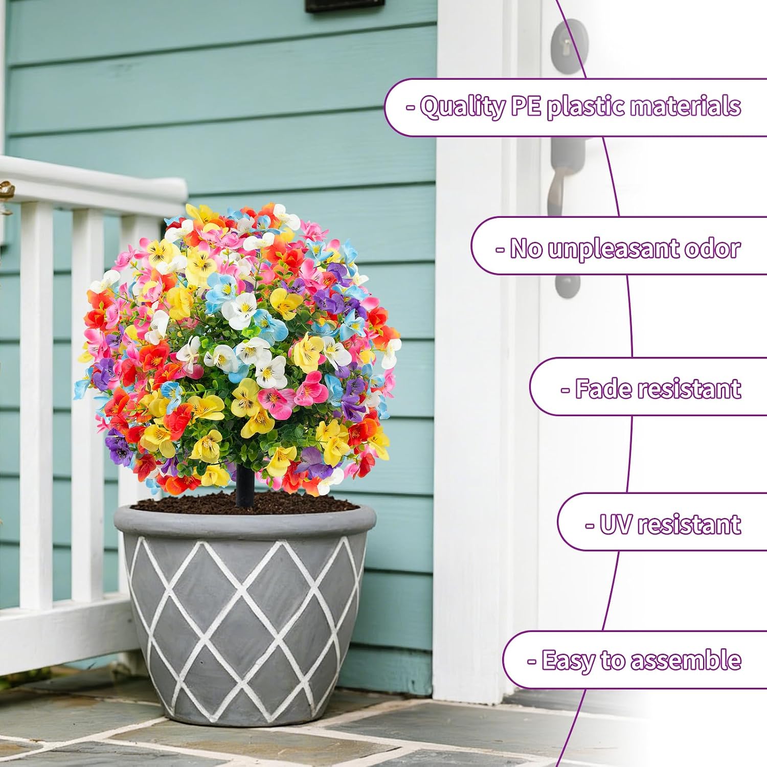 2 Pack Artificial Pansy for Outdoors with Ground Spike, Artificial Flowers Topiary Ball Trees Faux Flowers Bushes for Front Porch Planters Patio Garden Yard Decor (Purple, Red, Blue, White, Yellow)