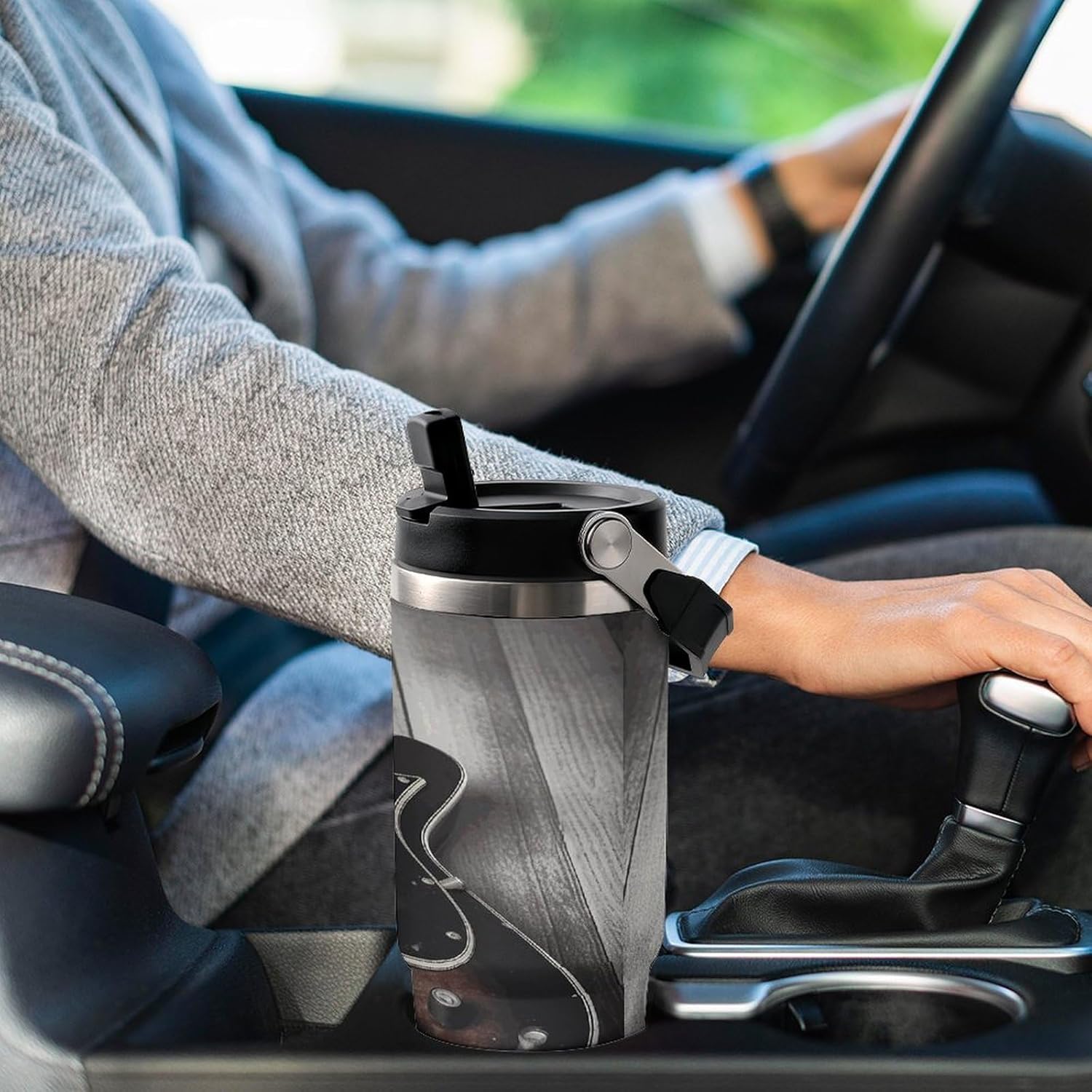 Vintage Guitar Water Bottle 30 Oz Fits Car Cup Holder,Insulated Coffee Mug Large Capacity Car Cups,Stainless Steel Double Wall Sport Bottle for Travel Sports Gym