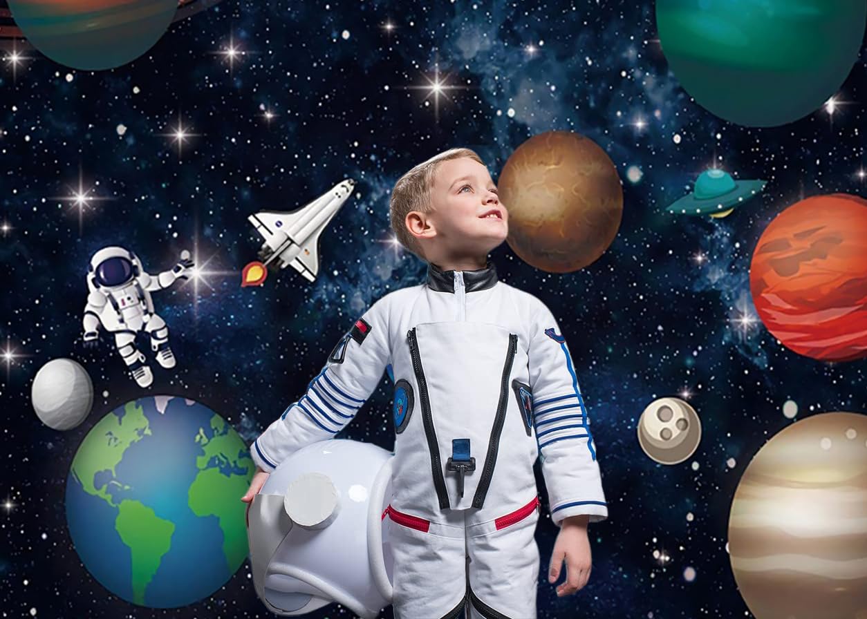 2.1x1.5m Sfondo Spazio Universo Pianeta Stella Galassia Astronauta Razzo Fotografia Sfondo Bambini Ragazzi Ragazze Feste di Compleanno Decorazioni Banner Photo Booth Props